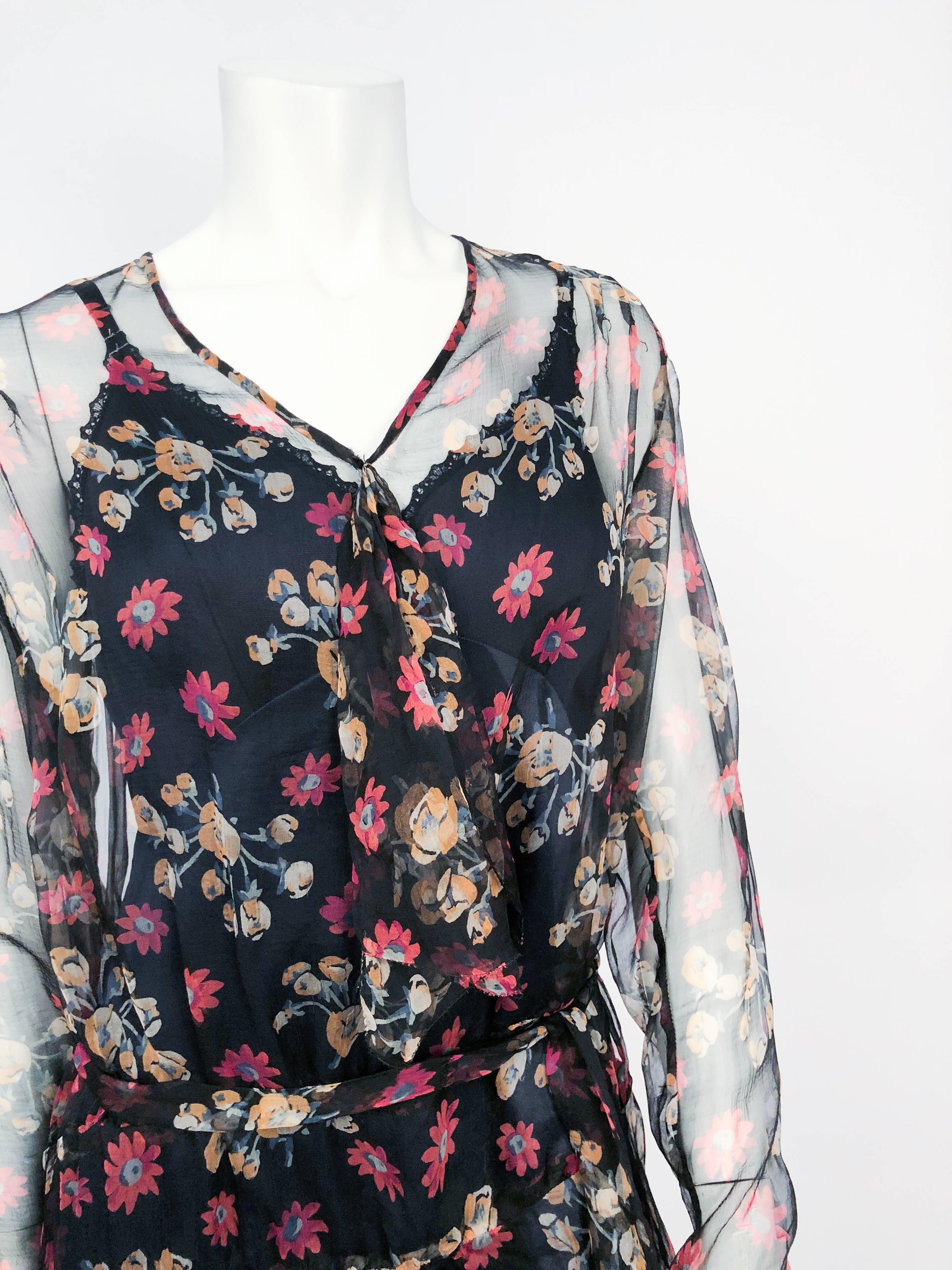 Sheer Floral Printed Silk Chiffon Dress, 1920s  In Good Condition For Sale In San Francisco, CA