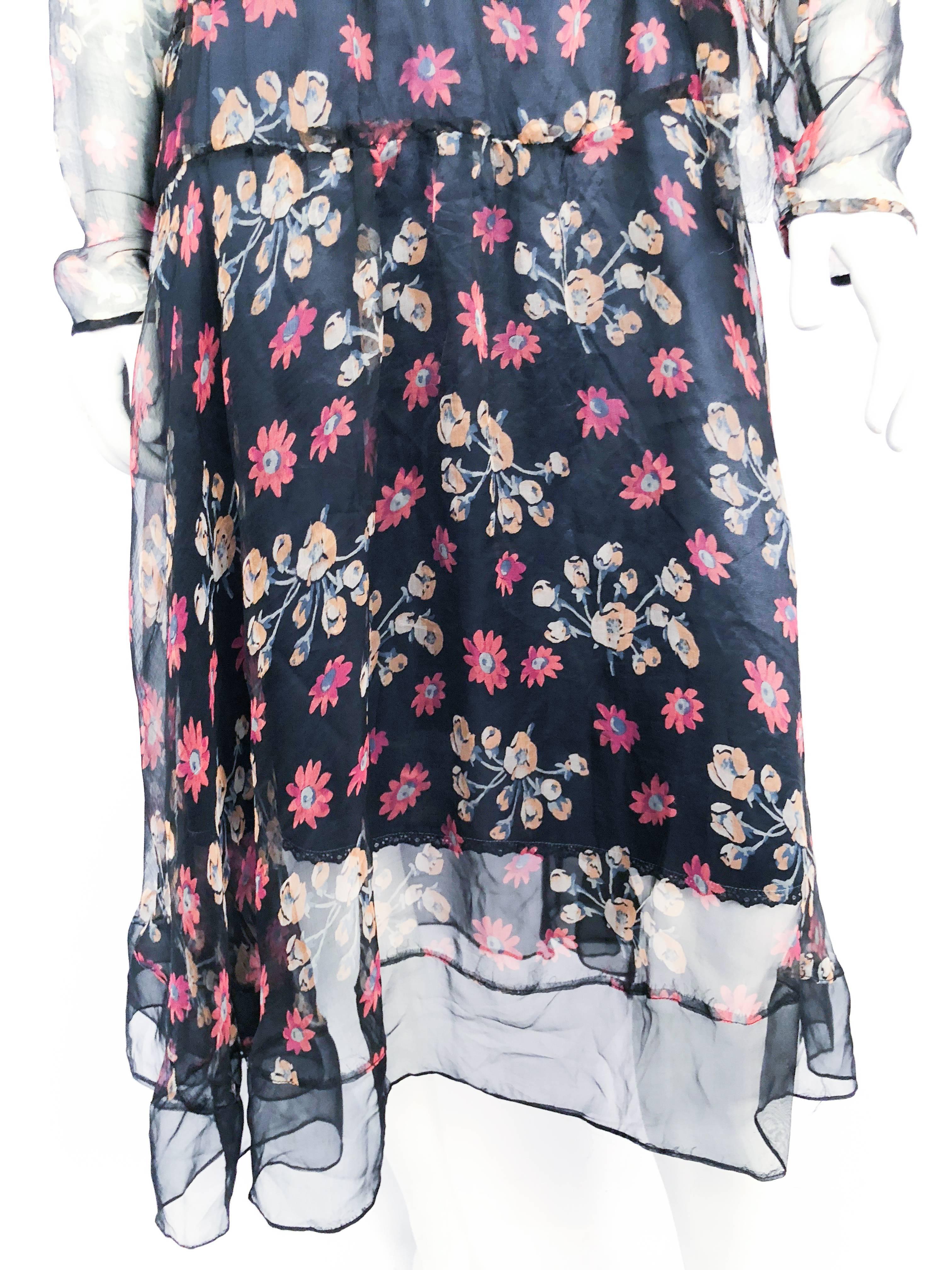 Women's Sheer Floral Printed Silk Chiffon Dress, 1920s  For Sale