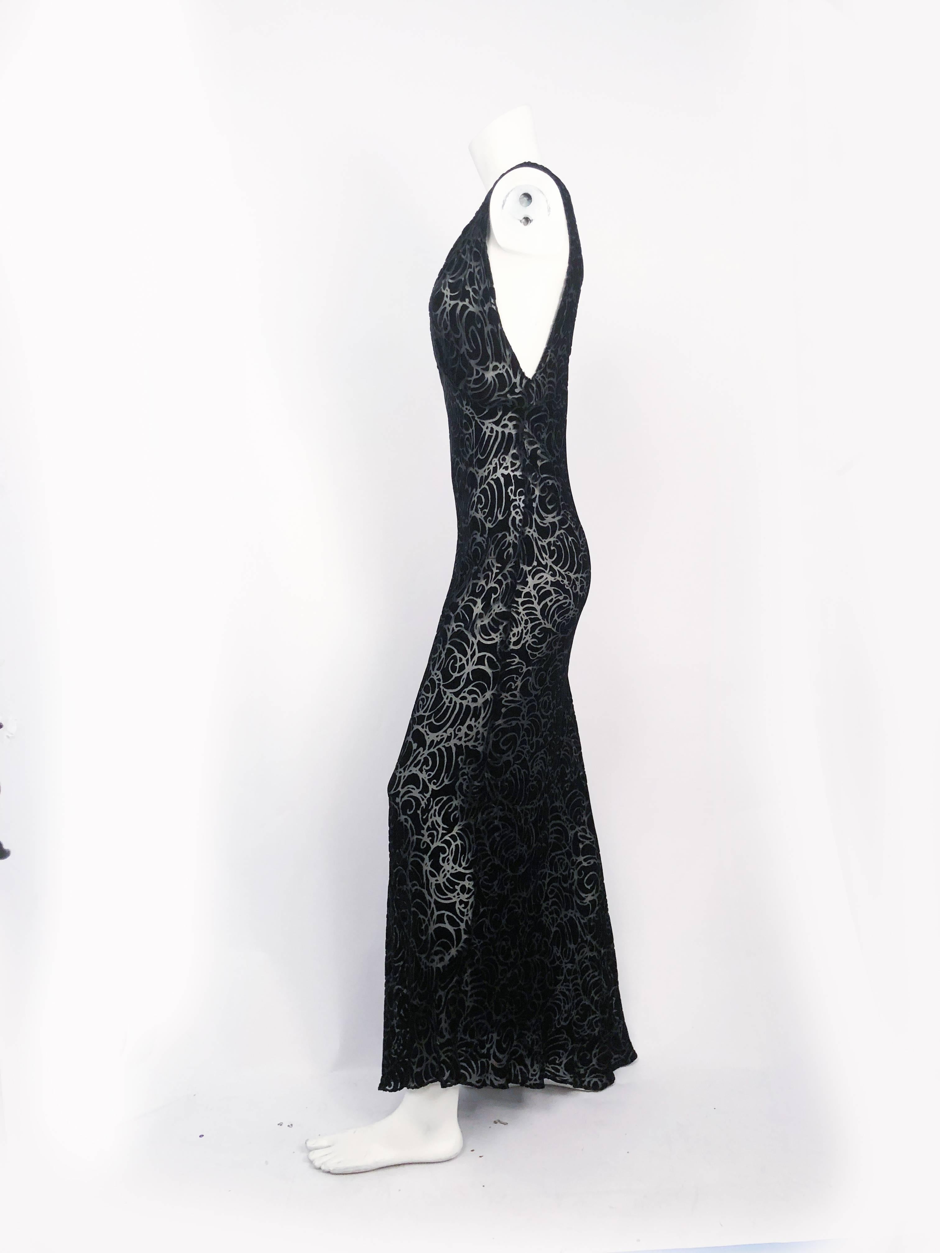 1930's Black Burnt Velvet Bias-cut Evening Gown. Black bias-cut evening dress with black burnout deco-pattern velvet. Ruching at the top of each shoulder strap that are 2 inches wide. 