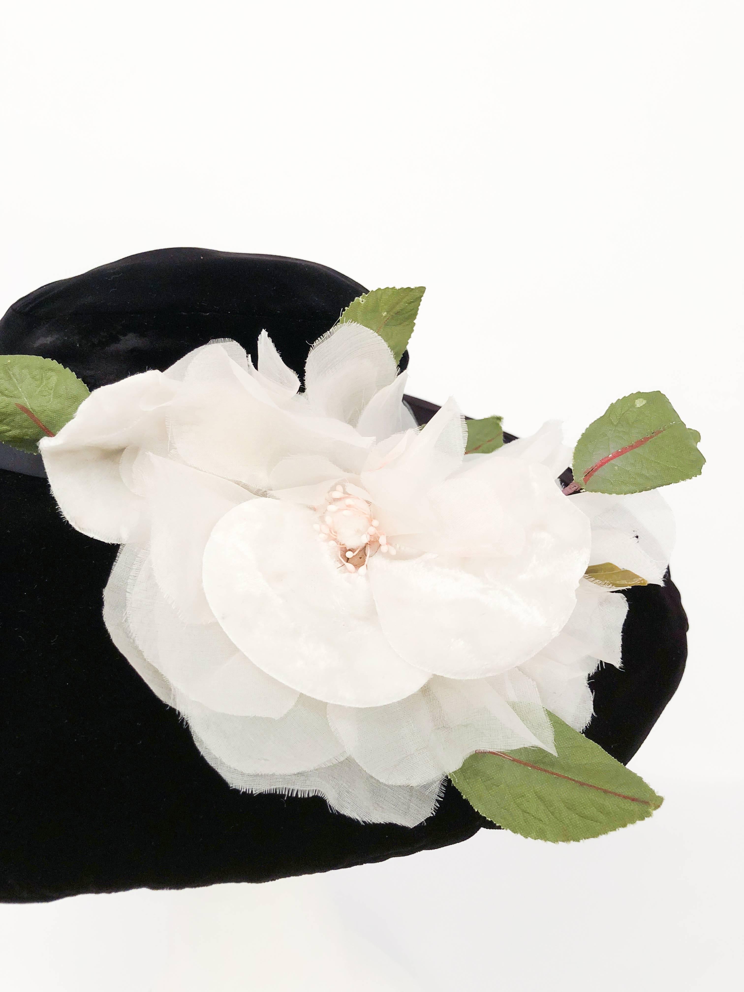 1950s Black Silk Velvet Picture Hat with White Silk Flower. Black silk velvet picture hat with white silk/velvet handmade flower, thin satin band, and Free edge that allows for draping. 