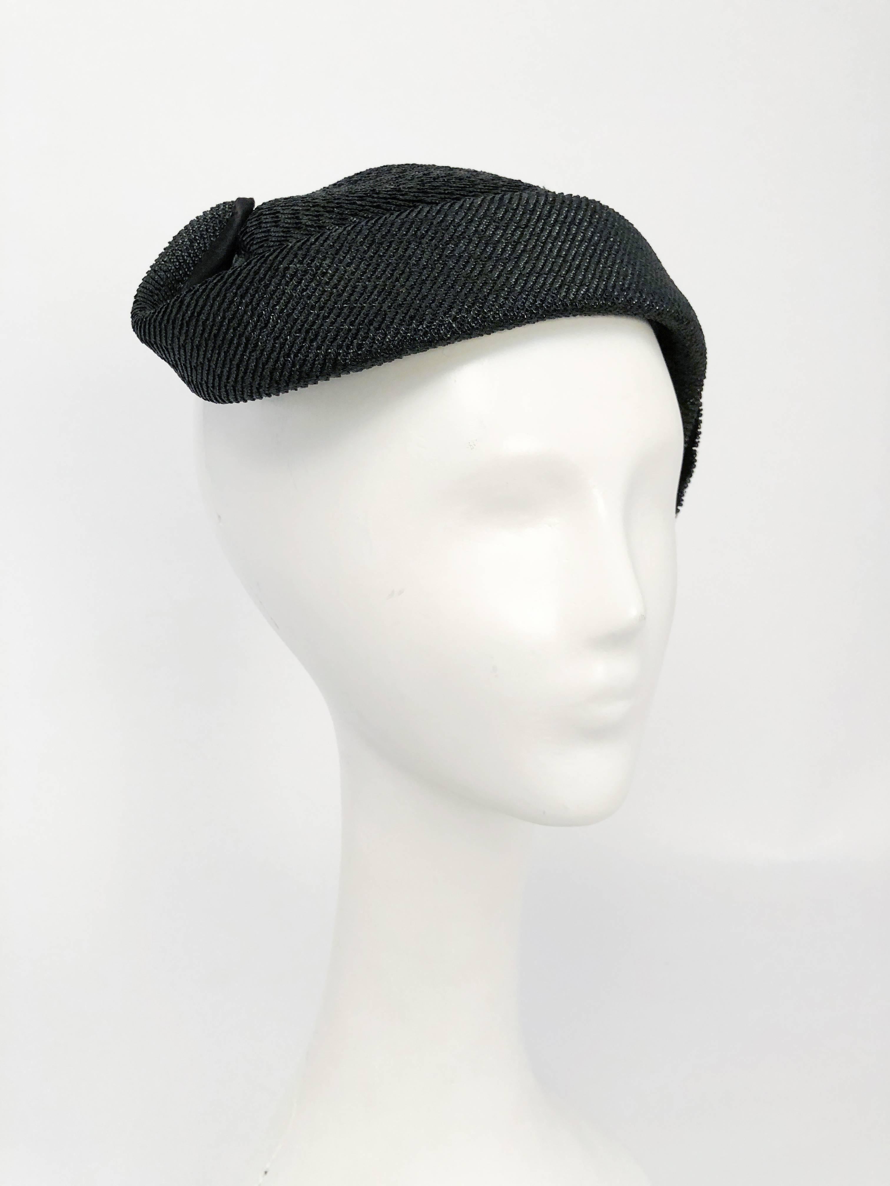 Women's 1950s Black Woven Straw Cocktail Hat with Beaded Leaf