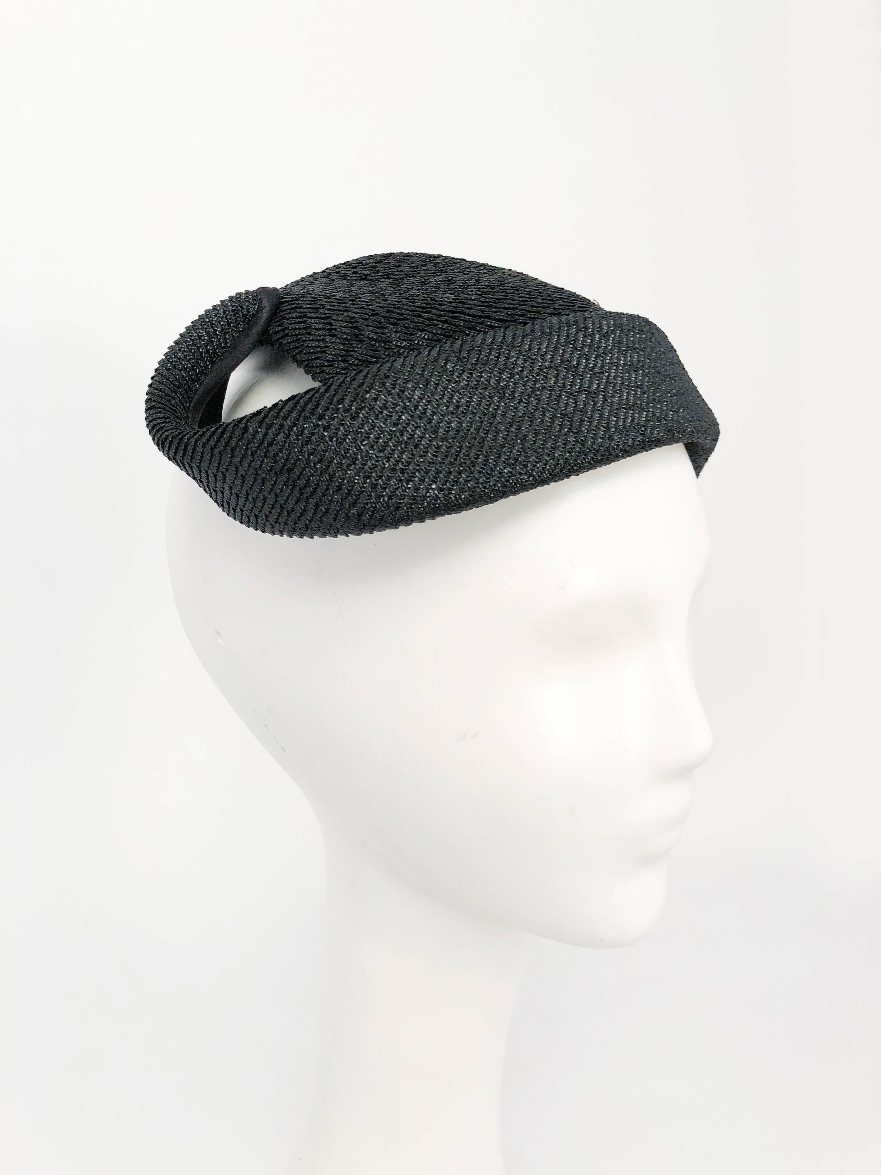 1950s Black Woven Straw Cocktail Hat with Beaded Leaf 1