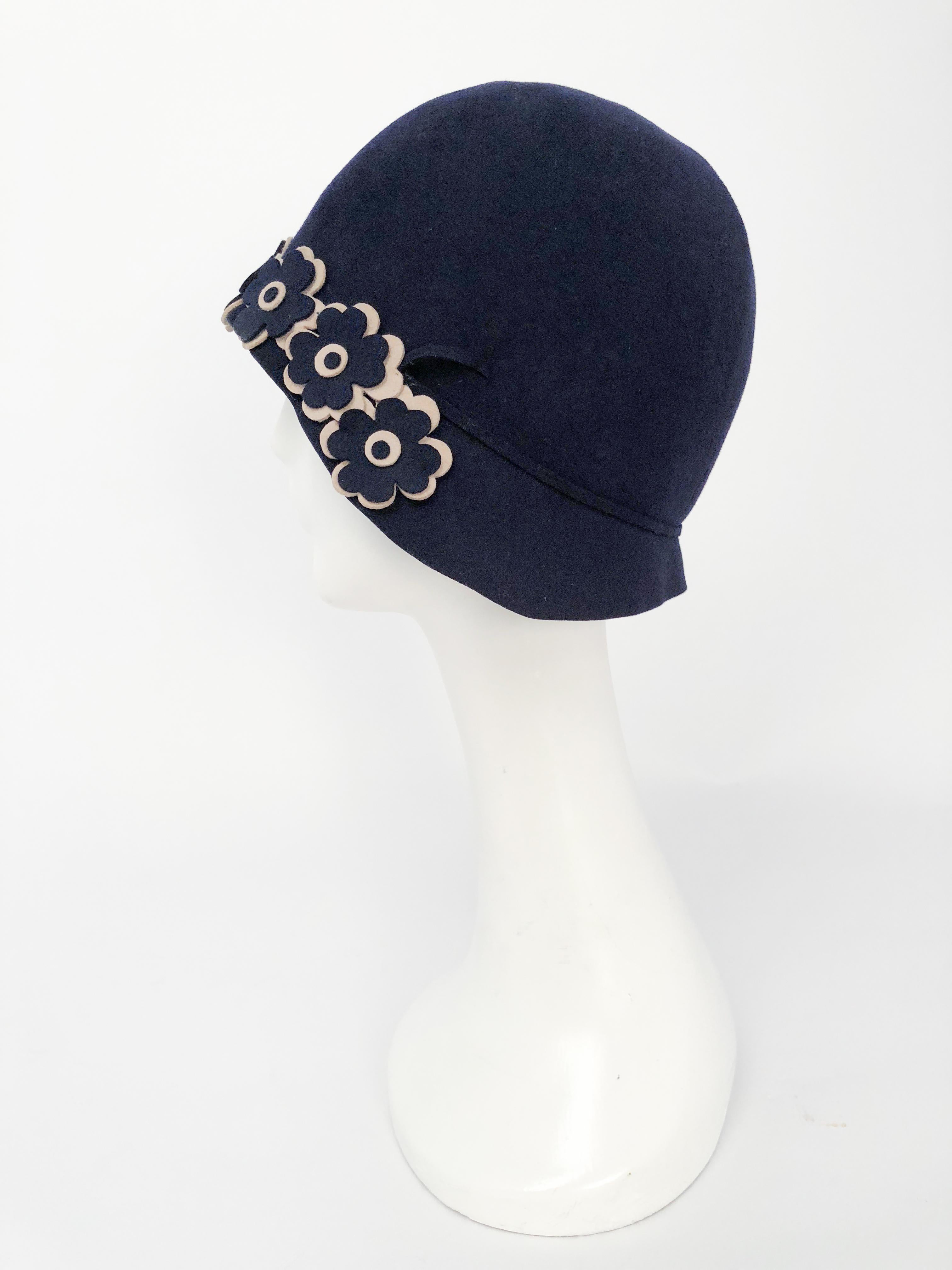 Women's Navy Beaver Felt Cloche with Hand-cut Flower Accents, 1920s 