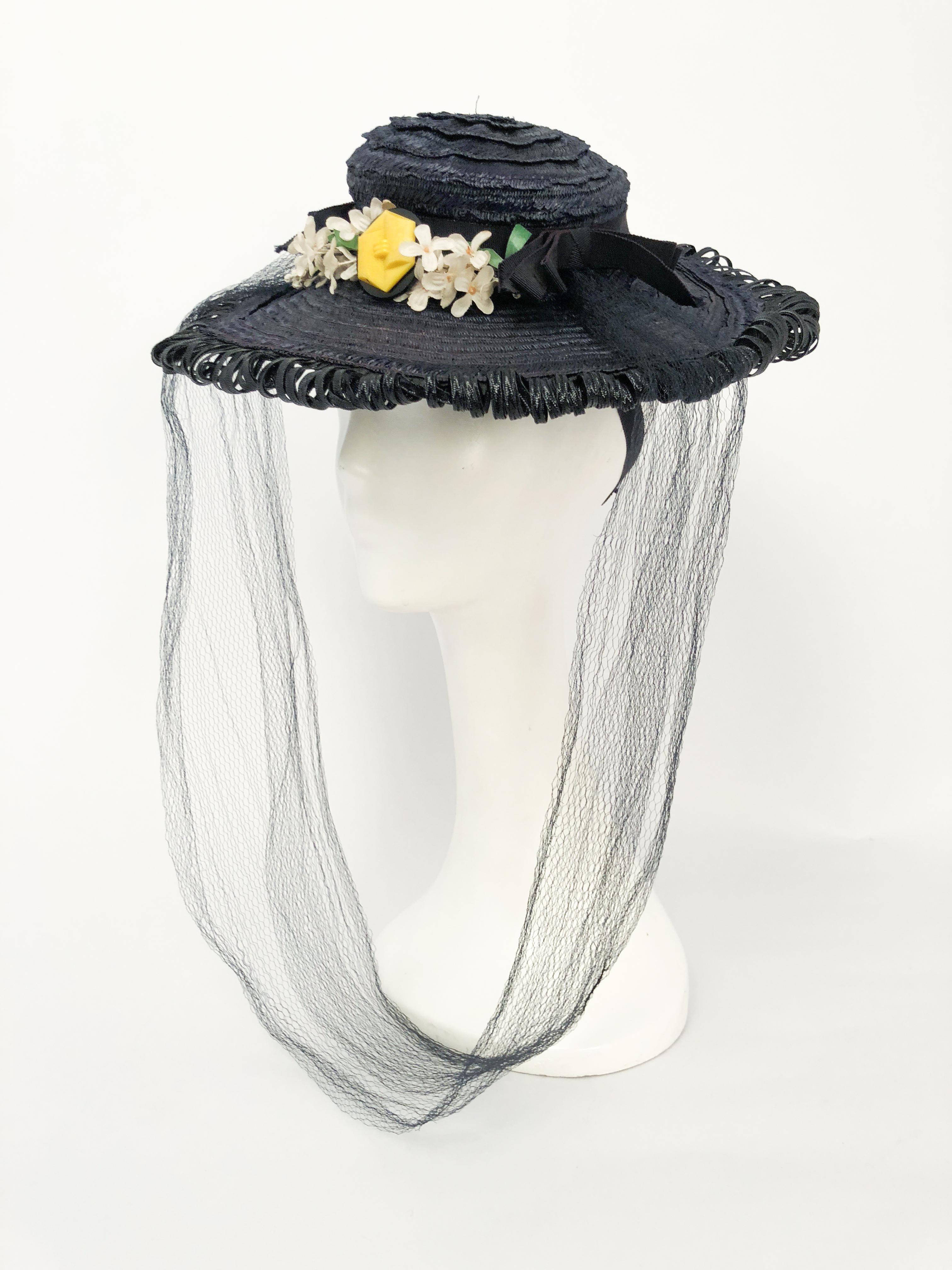 Gray Navy Woven Raffia Cartwheel Hat, 1940s  For Sale