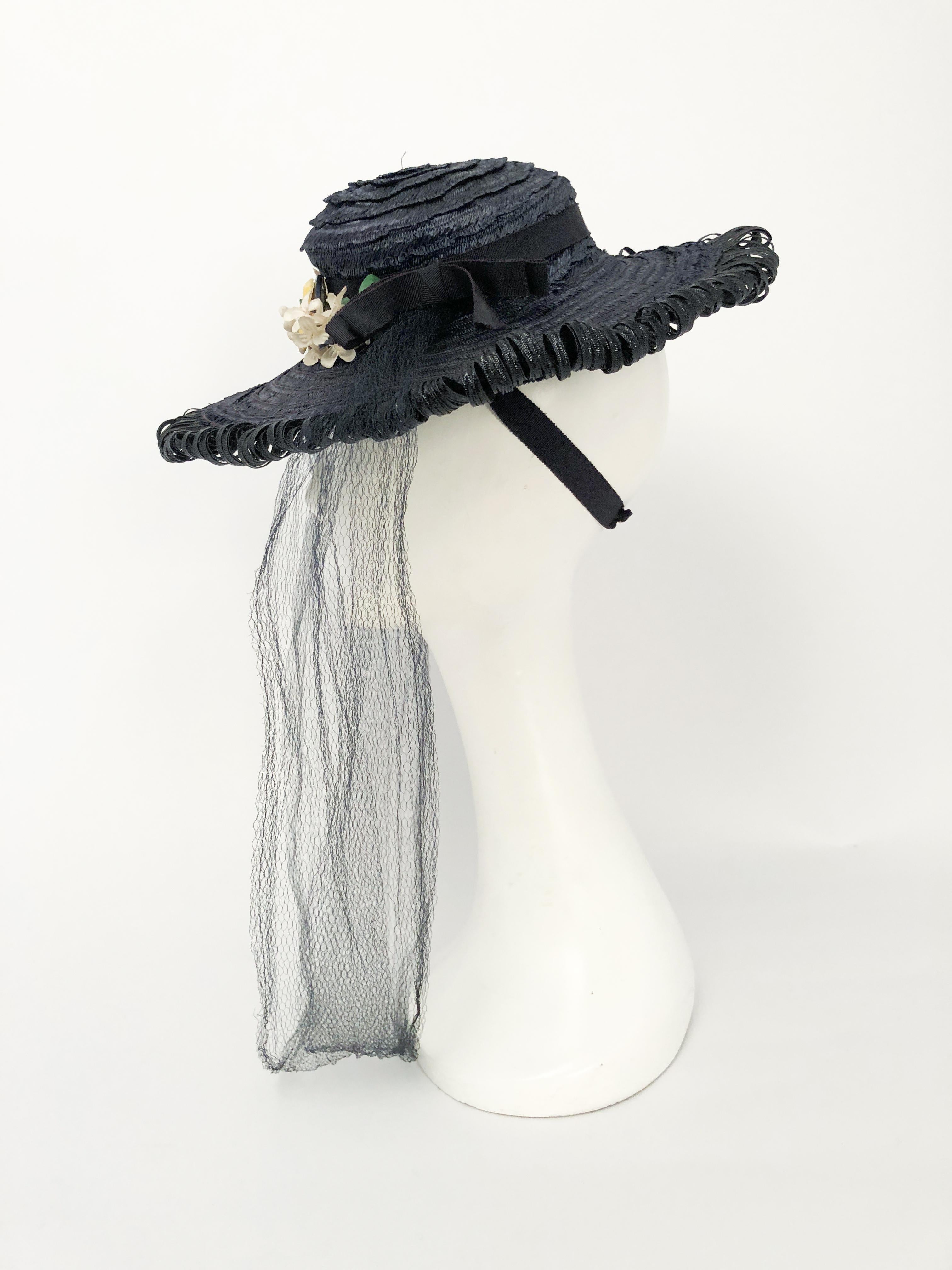 Navy Woven Raffia Cartwheel Hat, 1940s  In Good Condition For Sale In San Francisco, CA