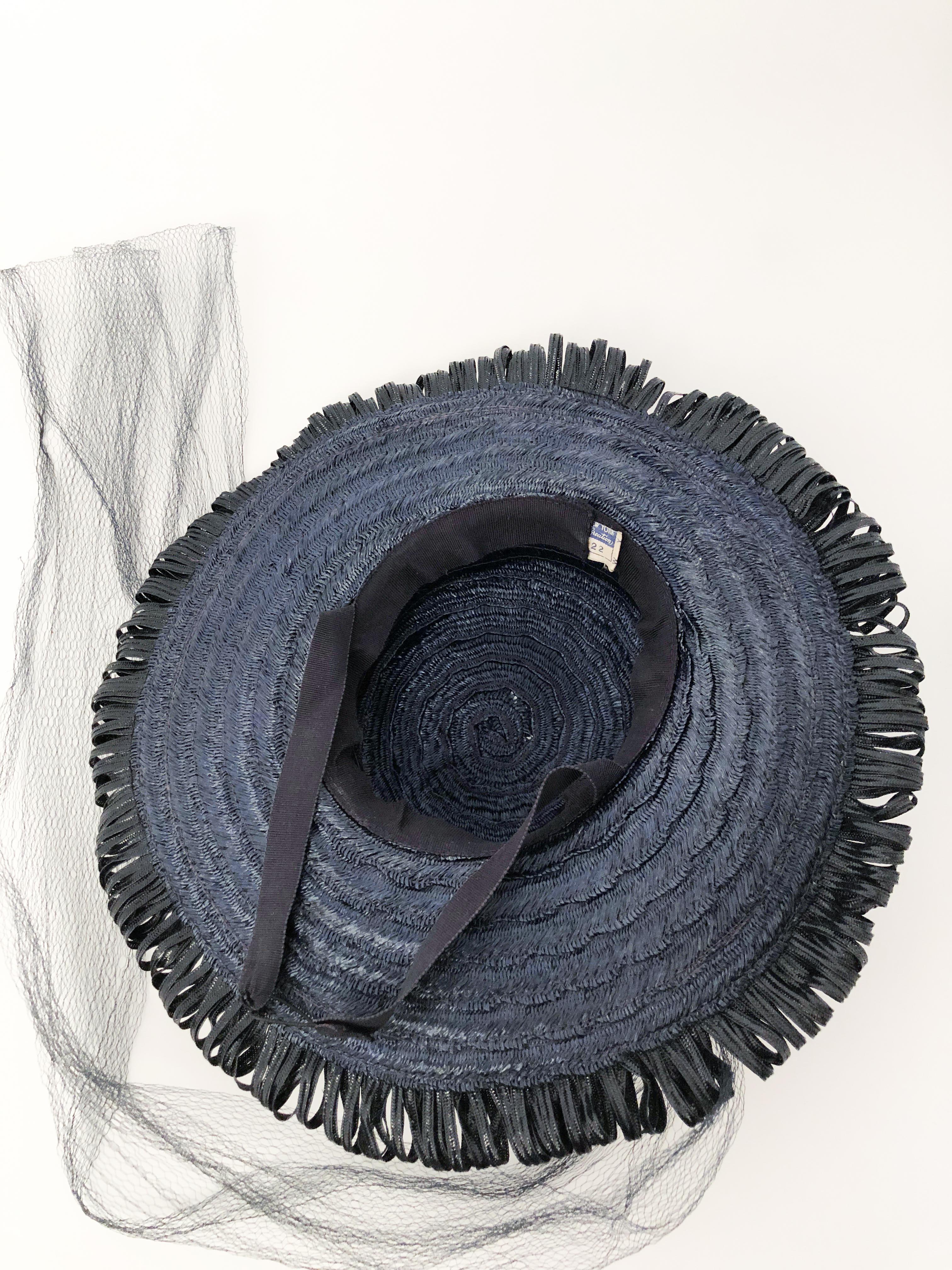 Navy Woven Raffia Cartwheel Hat, 1940s  For Sale 1