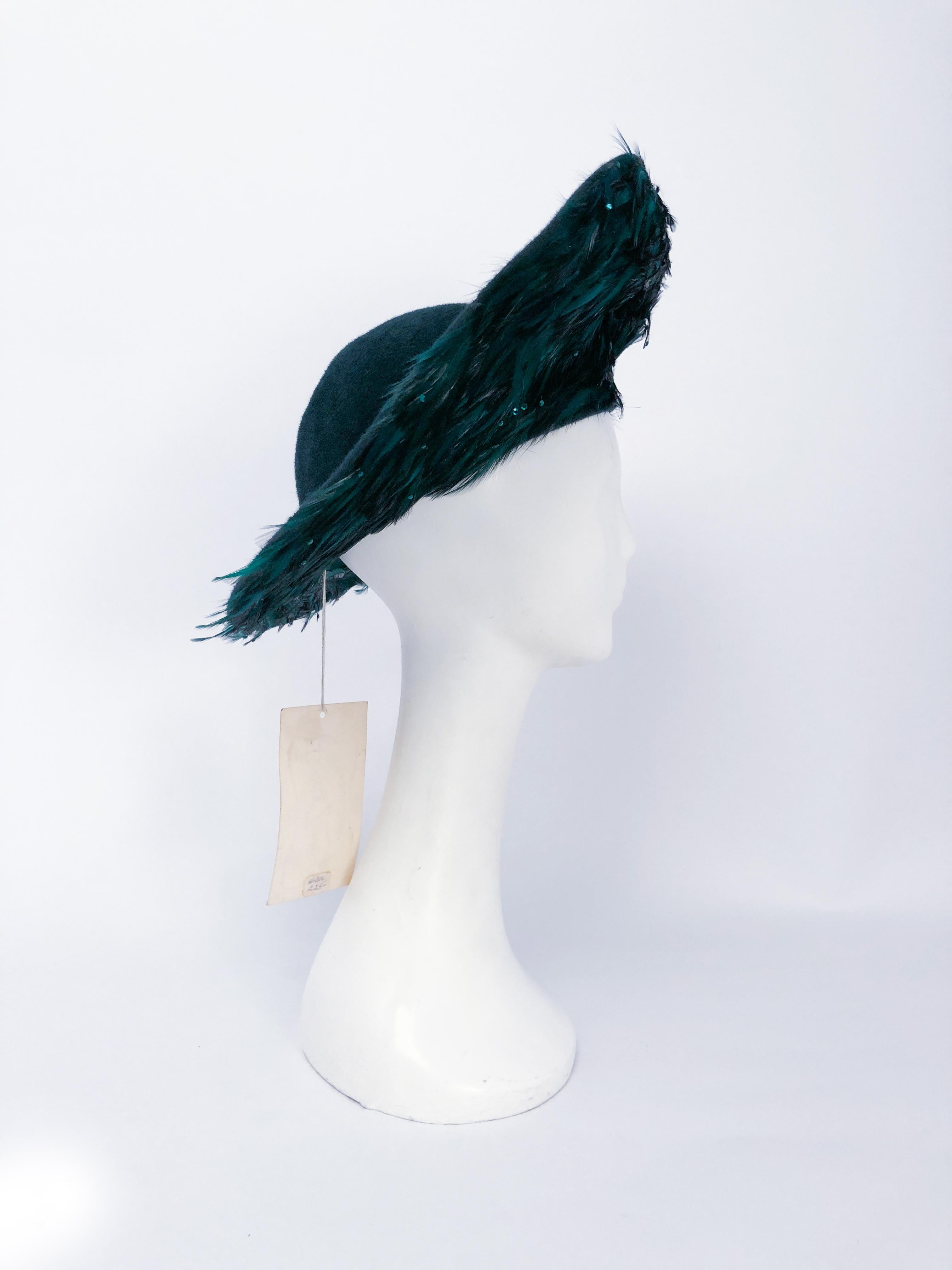 Gray George Zamau'l Emerald Hat with Feathered Brim, 1980s 