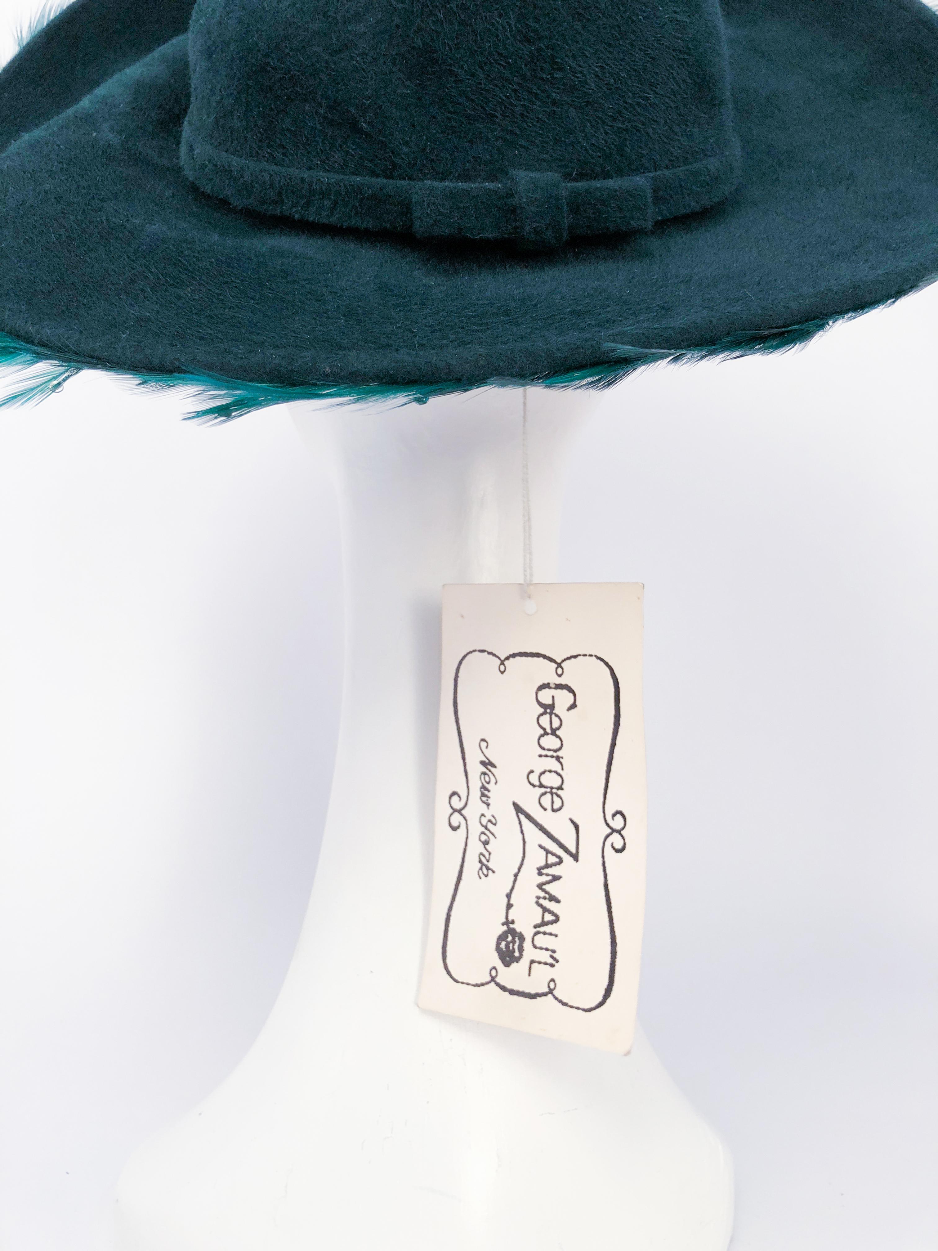 Women's George Zamau'l Emerald Hat with Feathered Brim, 1980s 