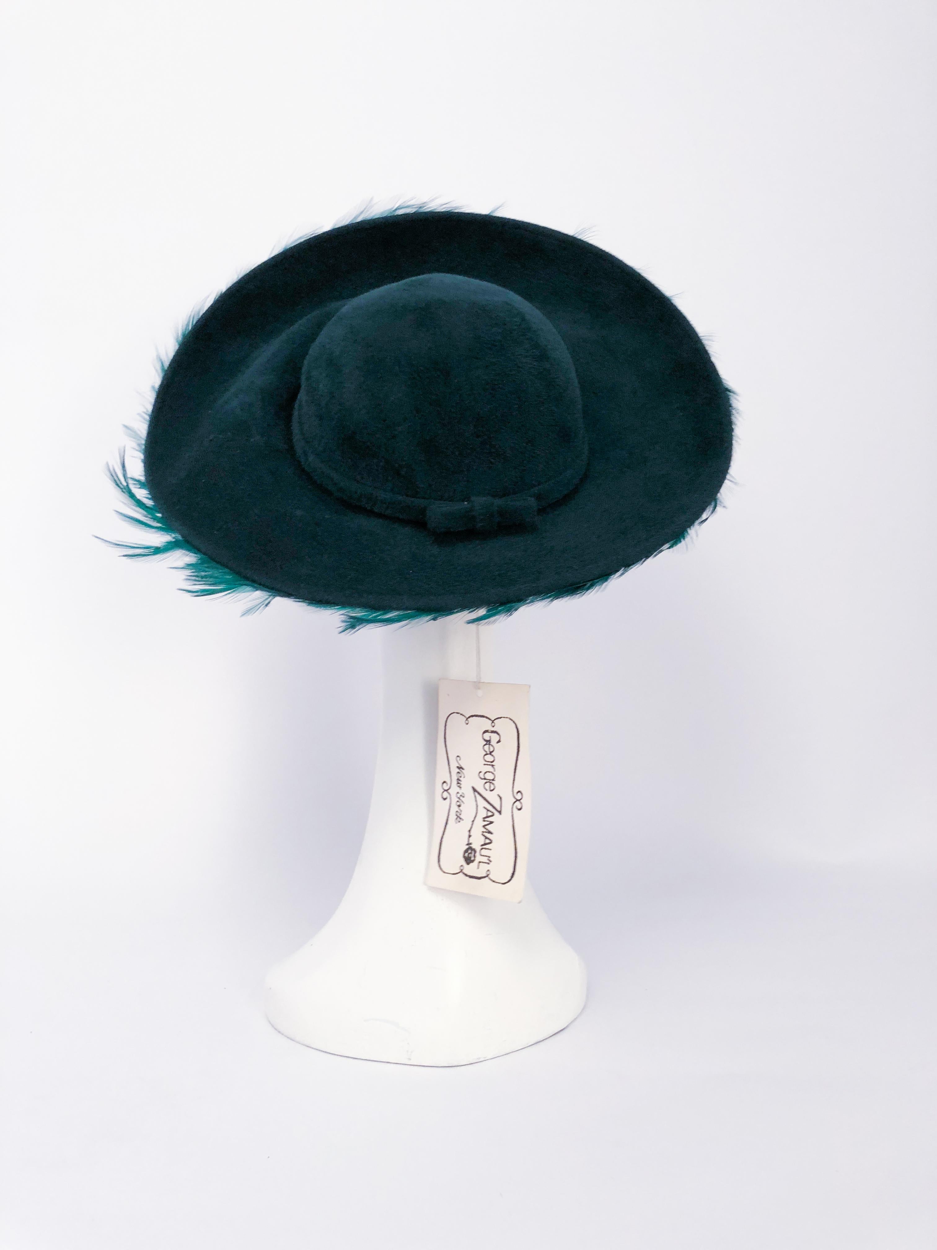 George Zamau'l Emerald Hat with Feathered Brim, 1980s  In Excellent Condition In San Francisco, CA