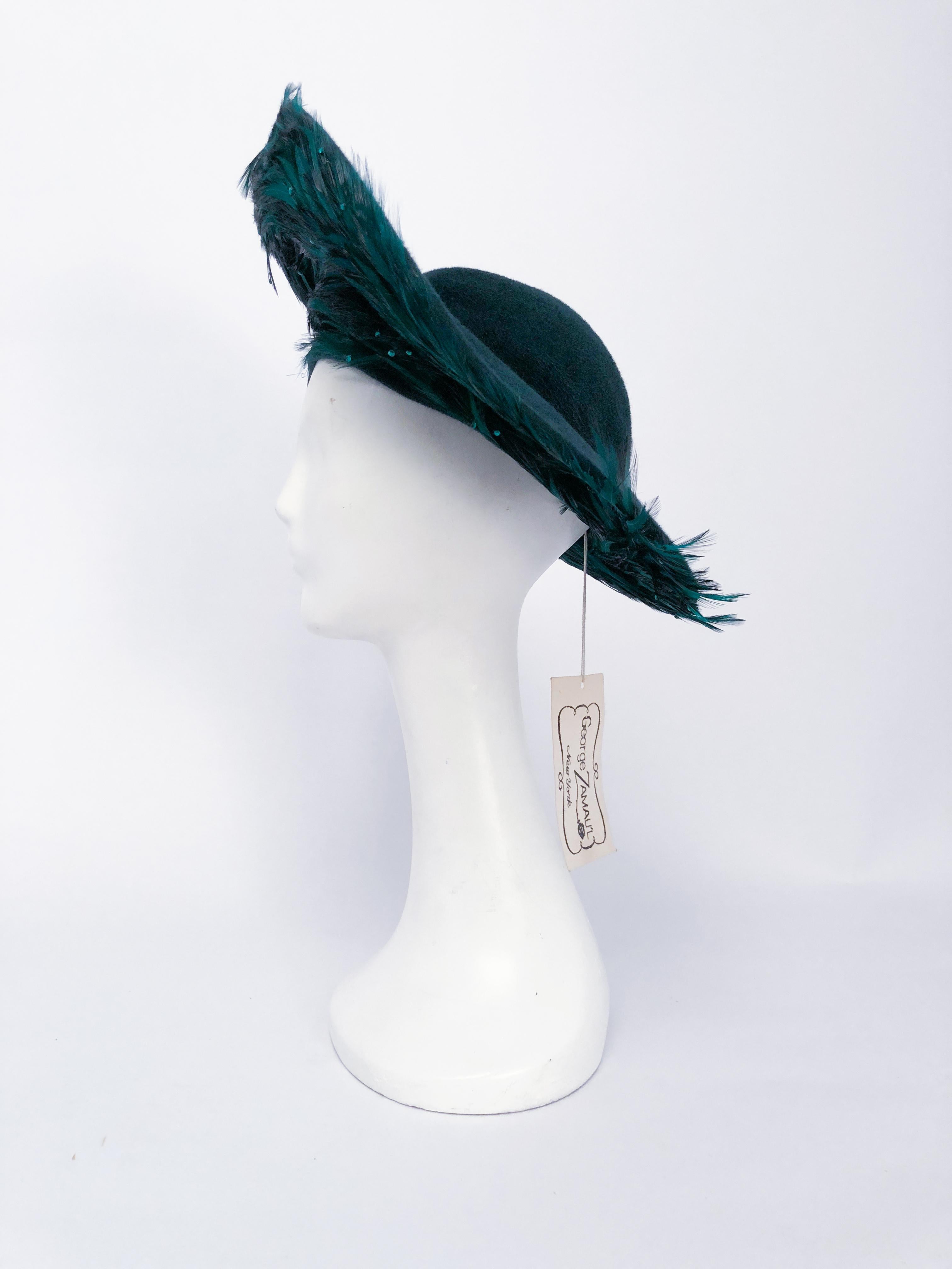 George Zamau'l Emerald Hat with Feathered Brim, 1980s  1