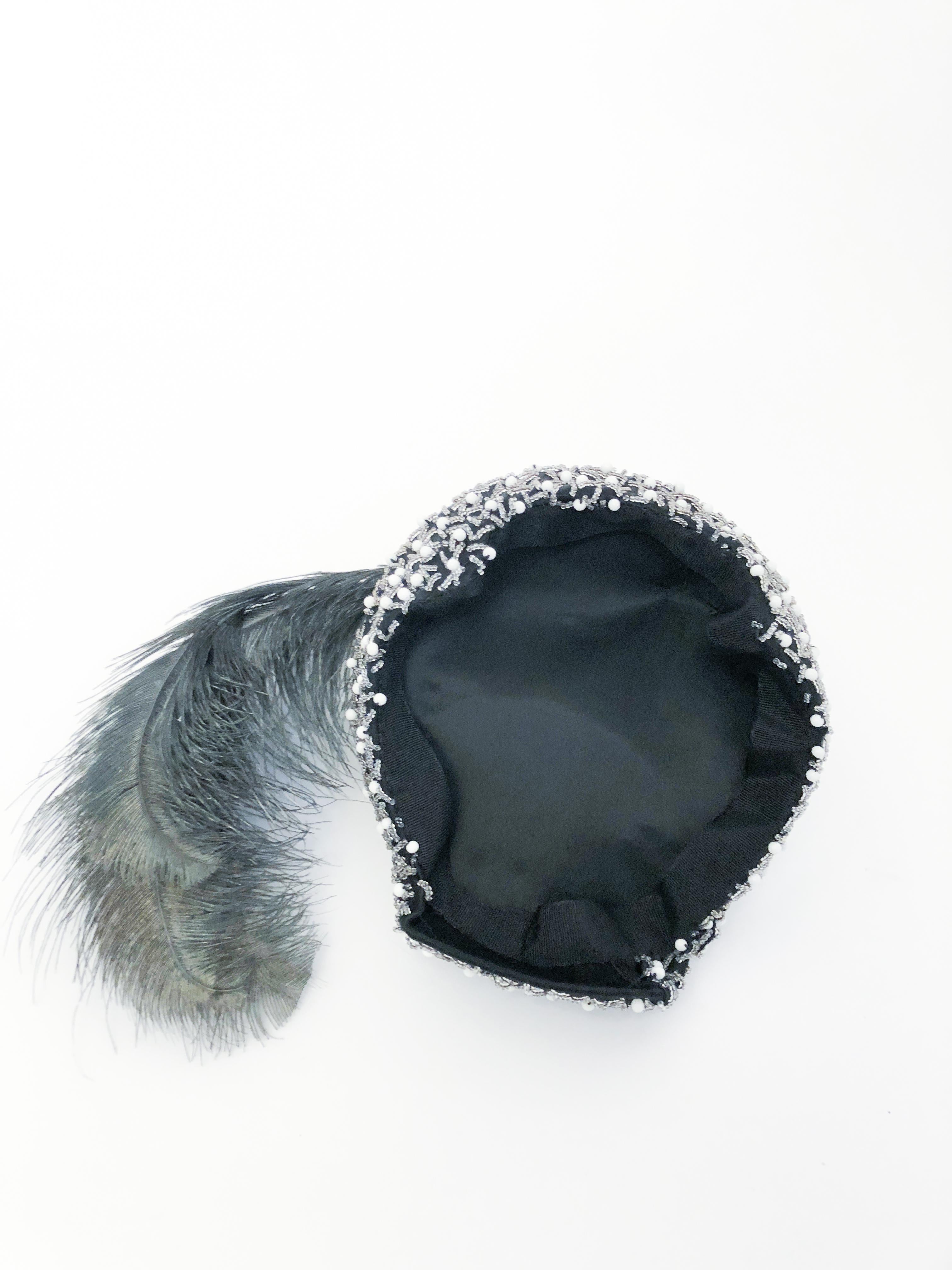 1950s Black Cocktail Hat with Hand-Beading and Grey Feather For Sale 1