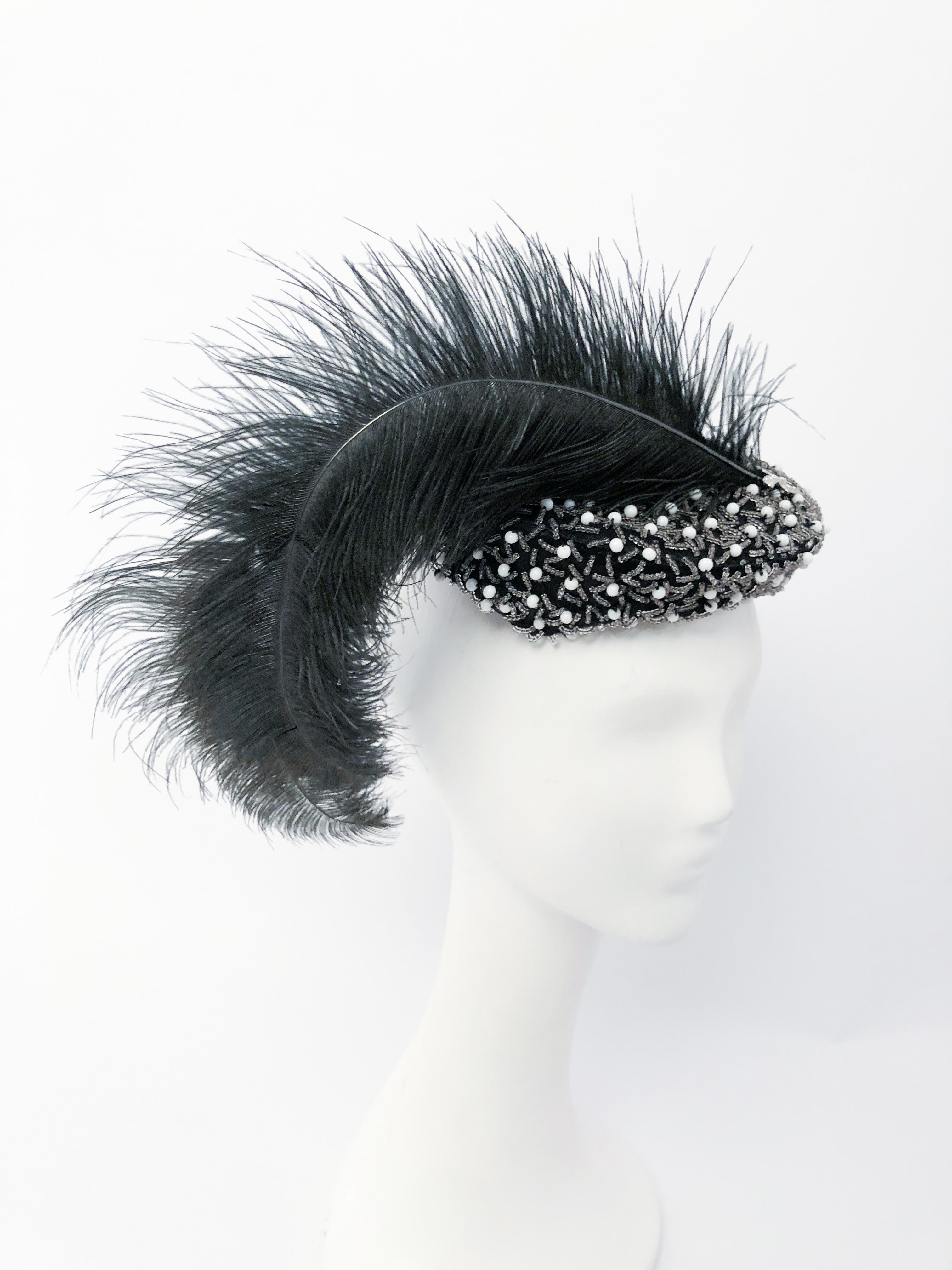 Women's 1950s Black Cocktail Hat with Hand-Beading and Grey Feather For Sale