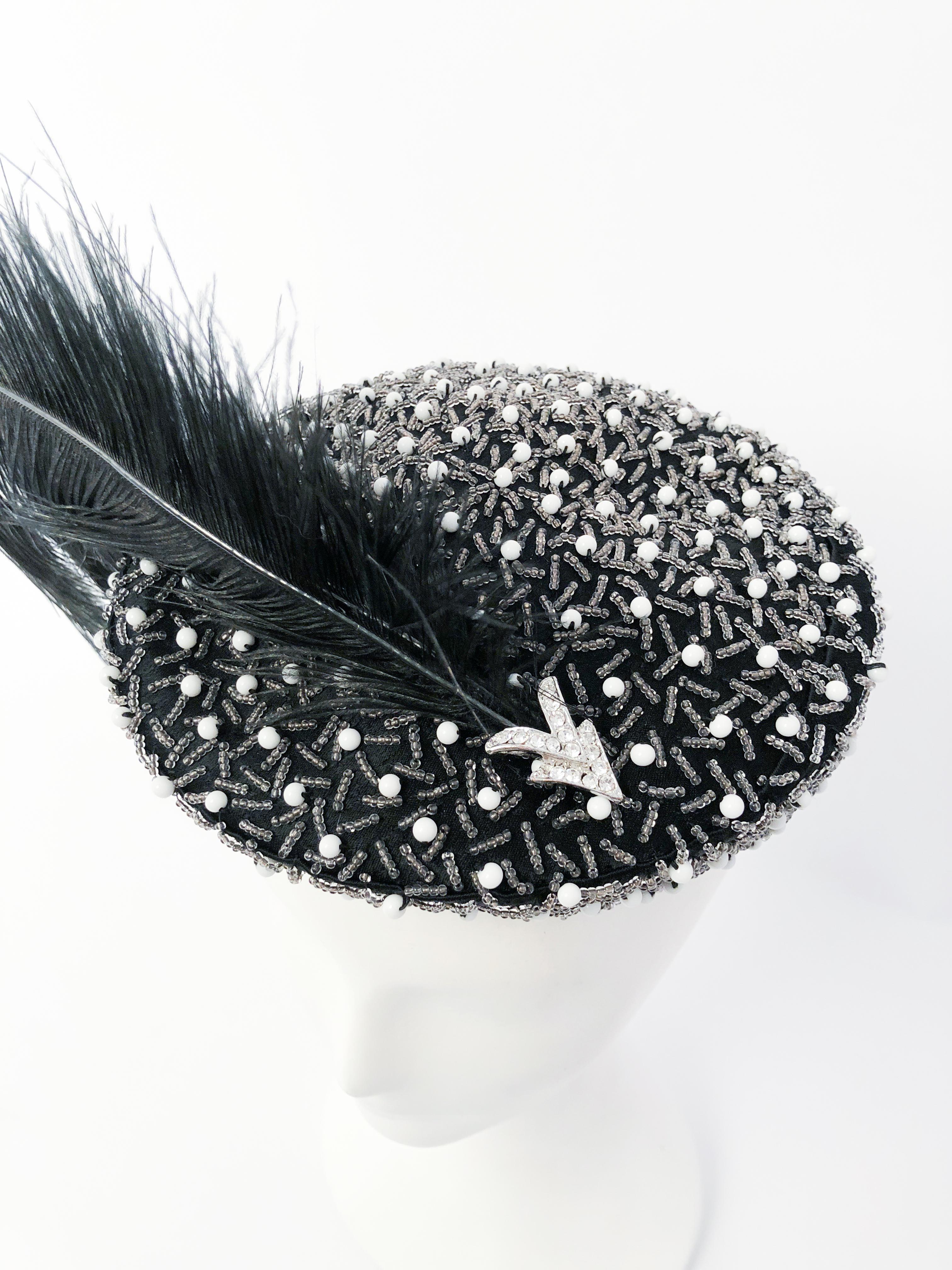 1950s Black Cocktail Hat with Hand-Beading and Grey Feather In Good Condition For Sale In San Francisco, CA