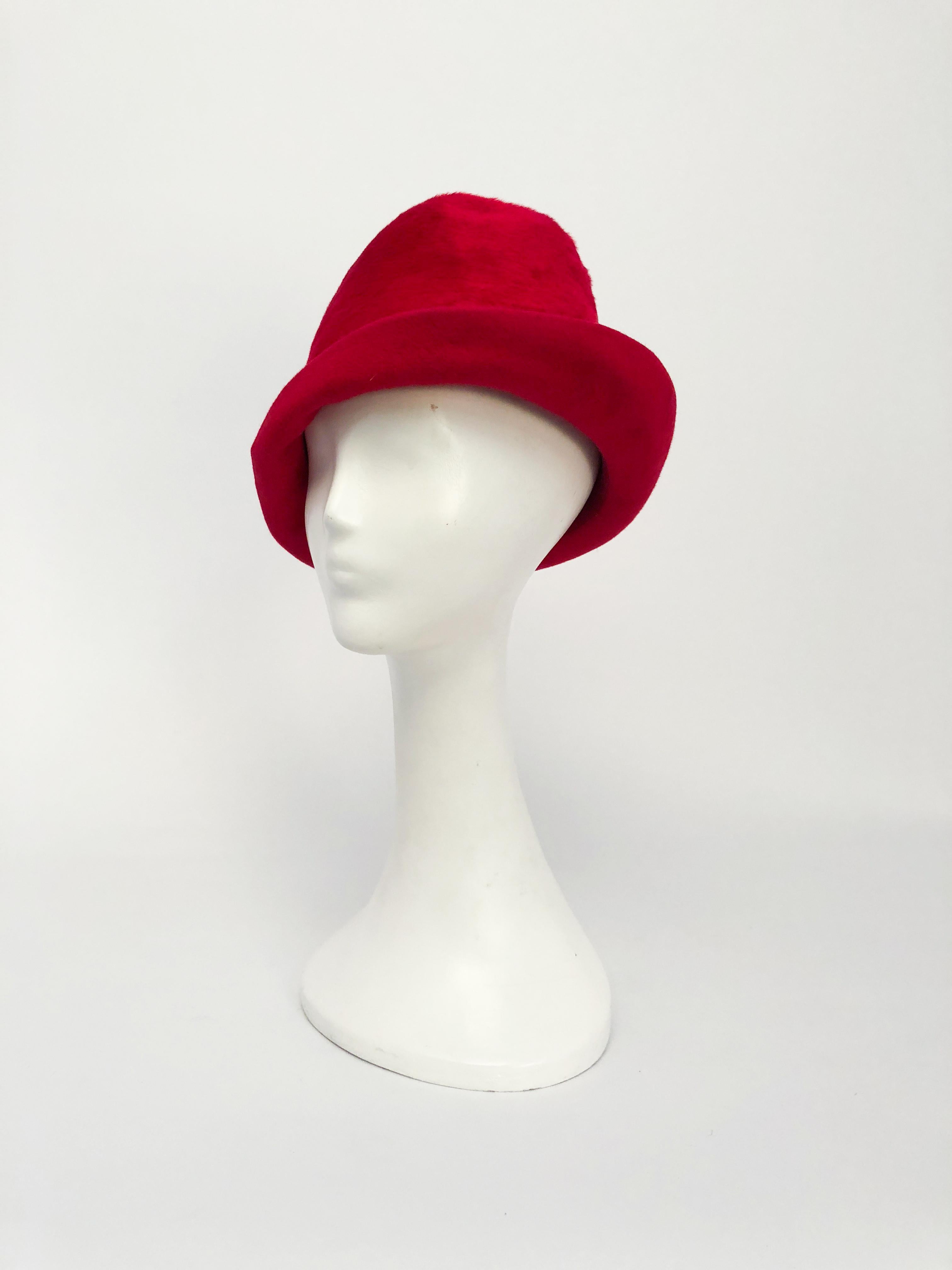 1960s Red Beaver Felt Cloche. Red beaver felt hat in the style of 1920's cloche with an asymmetrical angled brim.