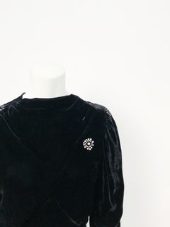 Black Silk Velvet Gown with Rhinestone Accents, 1930s