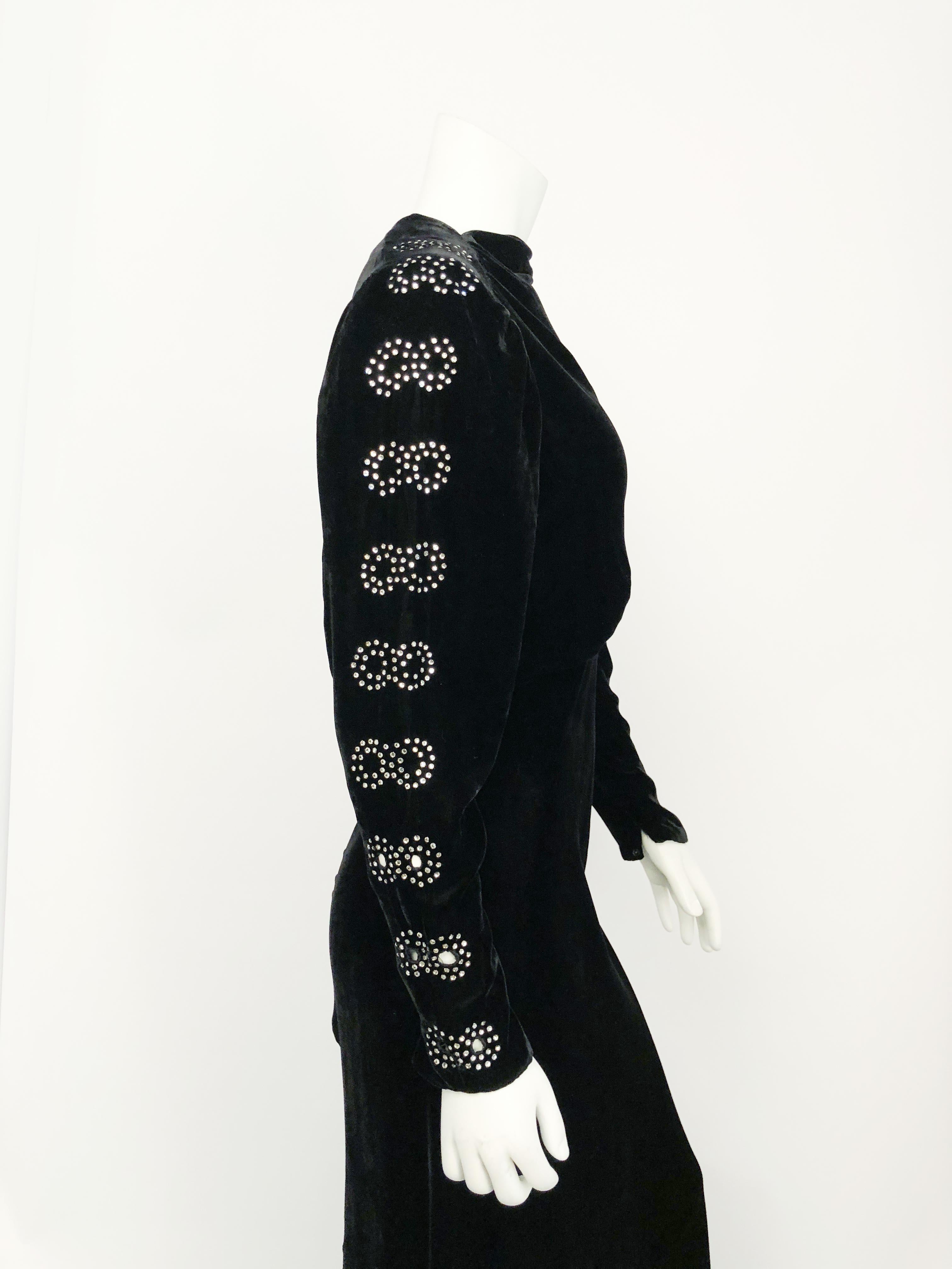 Black Silk Velvet Gown with Rhinestone Accents, 1930s  In Good Condition For Sale In San Francisco, CA