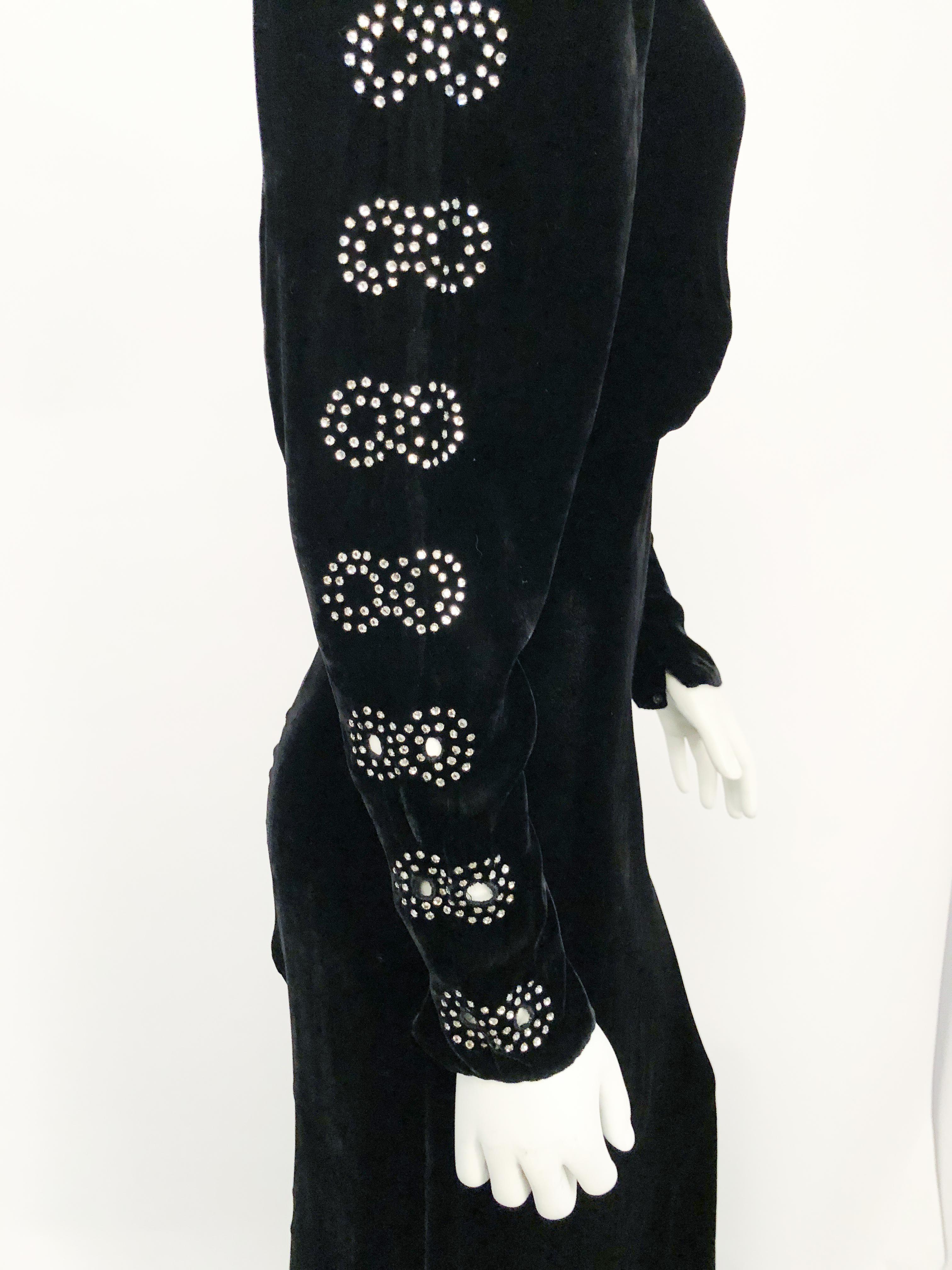 Women's Black Silk Velvet Gown with Rhinestone Accents, 1930s  For Sale