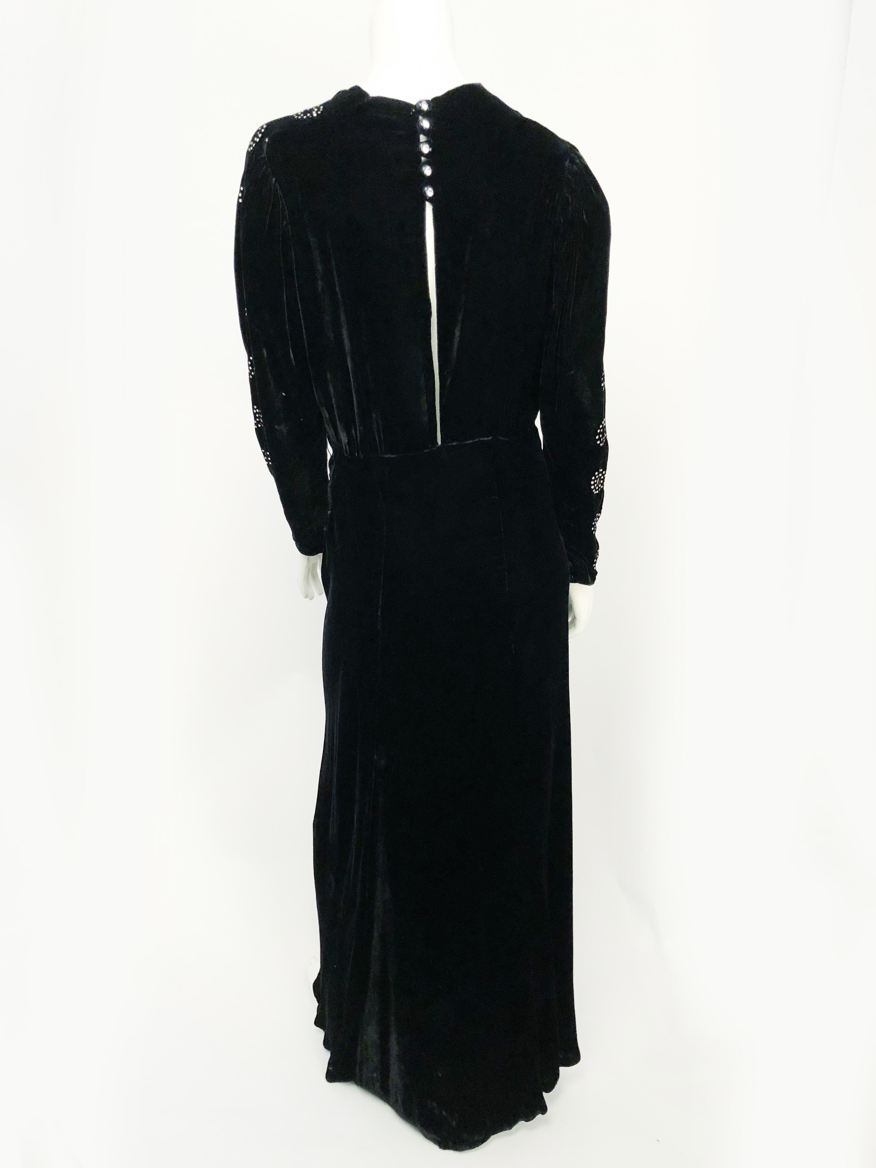 Black Silk Velvet Gown with Rhinestone Accents, 1930s  For Sale 1