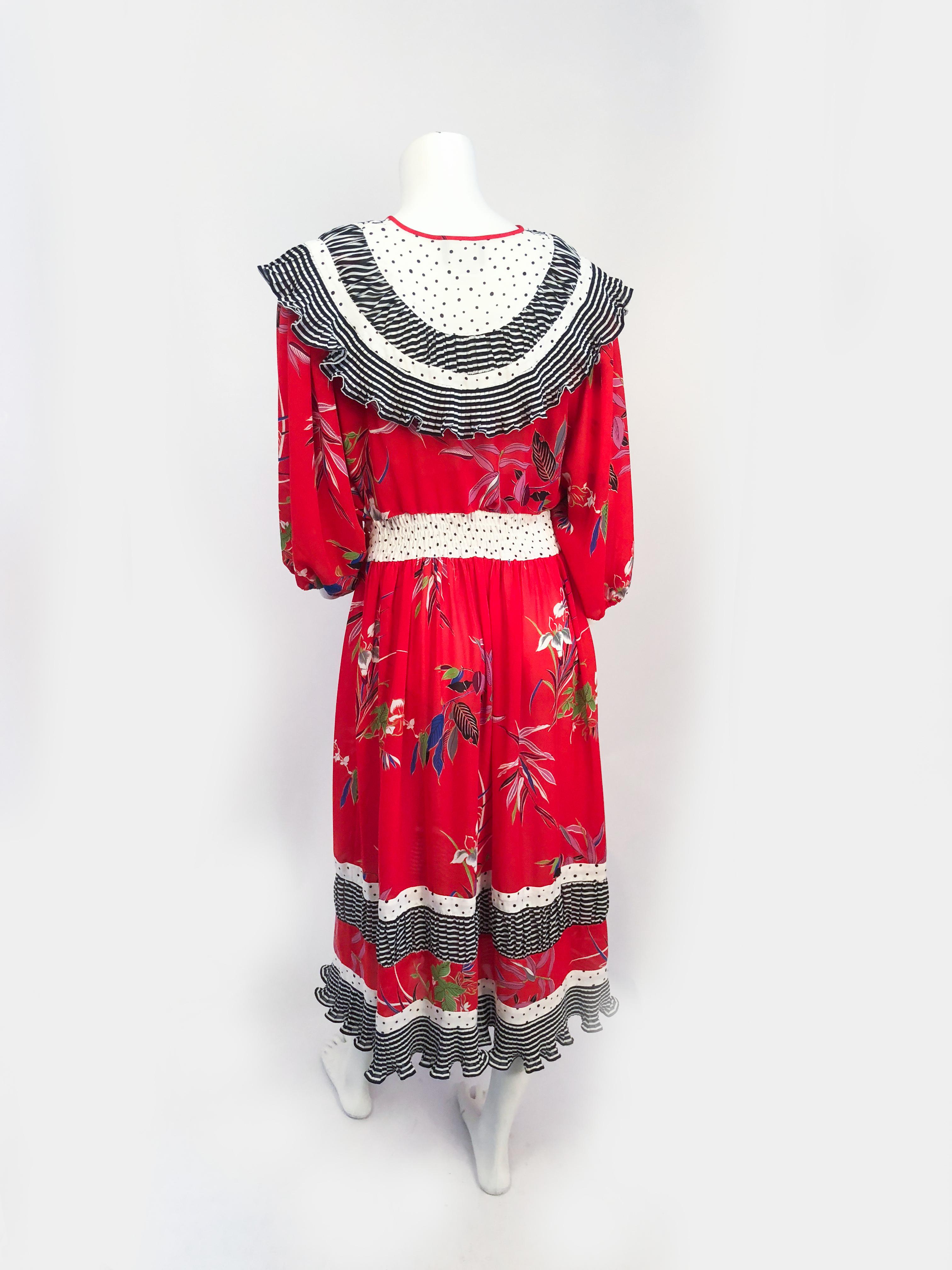 1980s Dian Fréis Red Floral Printed Dress For Sale 1