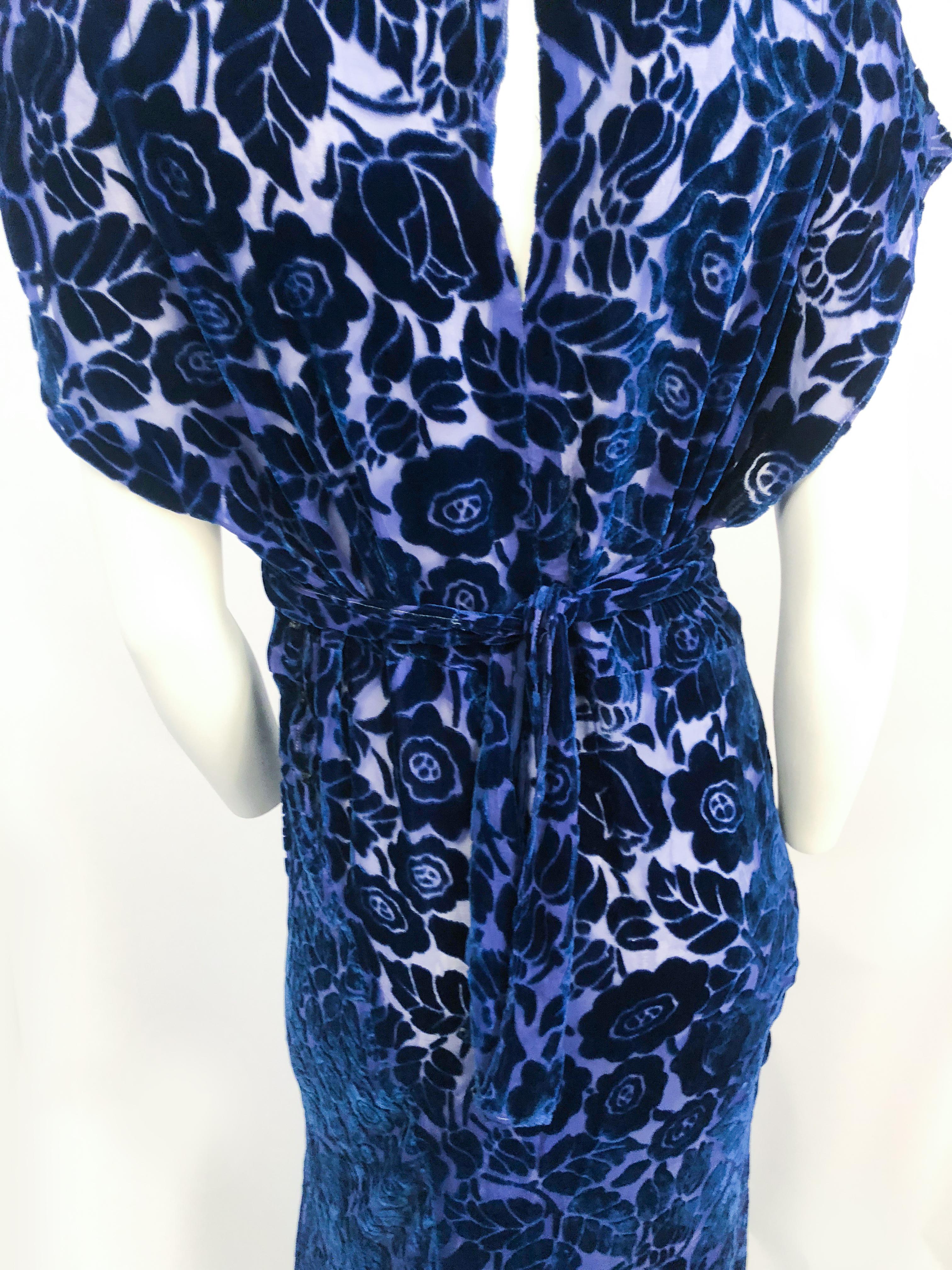 Black Royal Blue Art Deco Cut Velvet Gown, 1930s 
