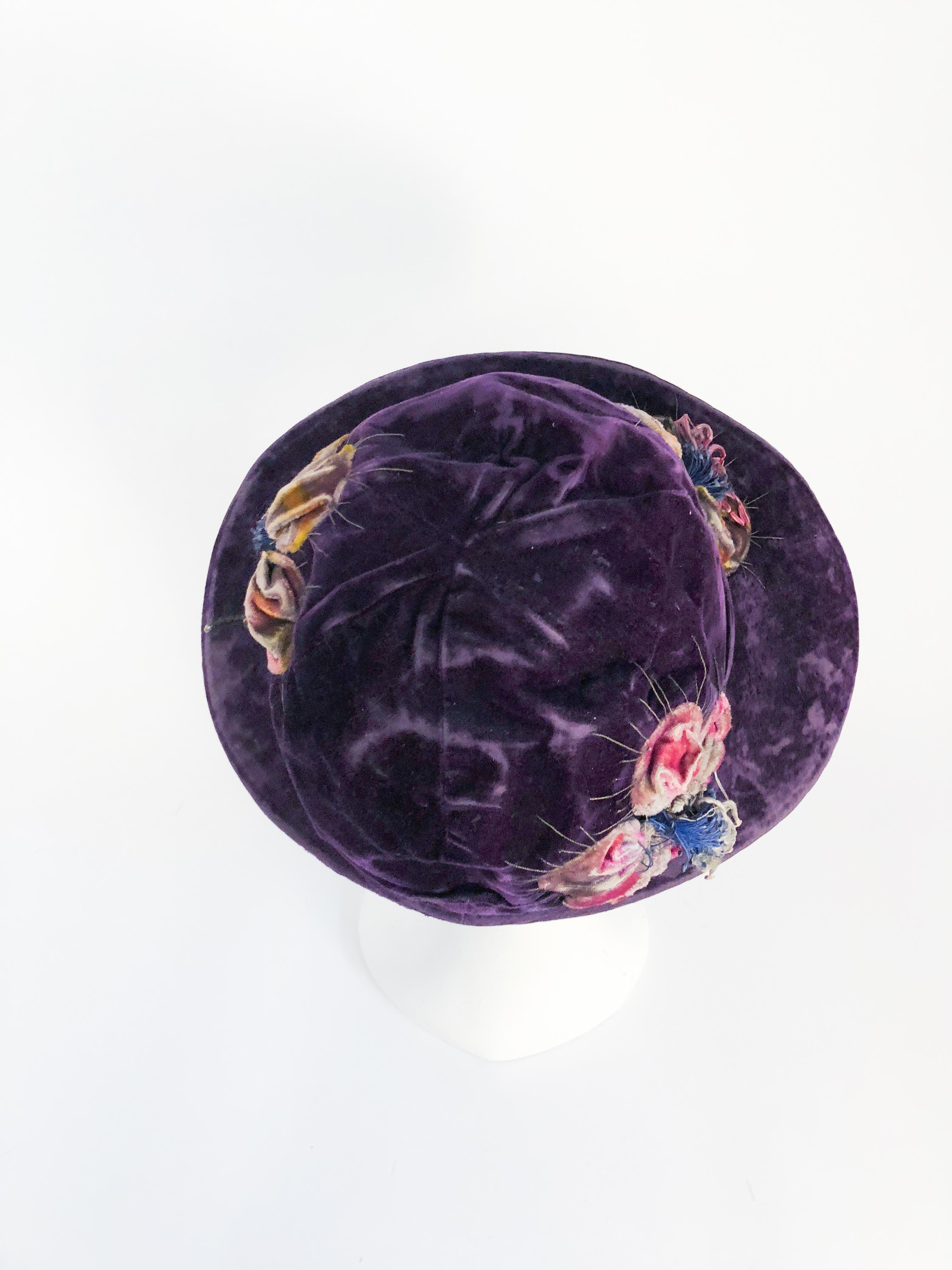 Gray 1920s Purple Velvet Cloche With Flower Accent Pieces 
