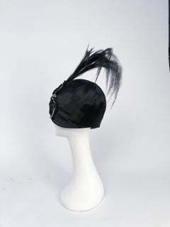 Black Silk Satin Cloche with Rhinestone Bow and Original Feathers, 1920s