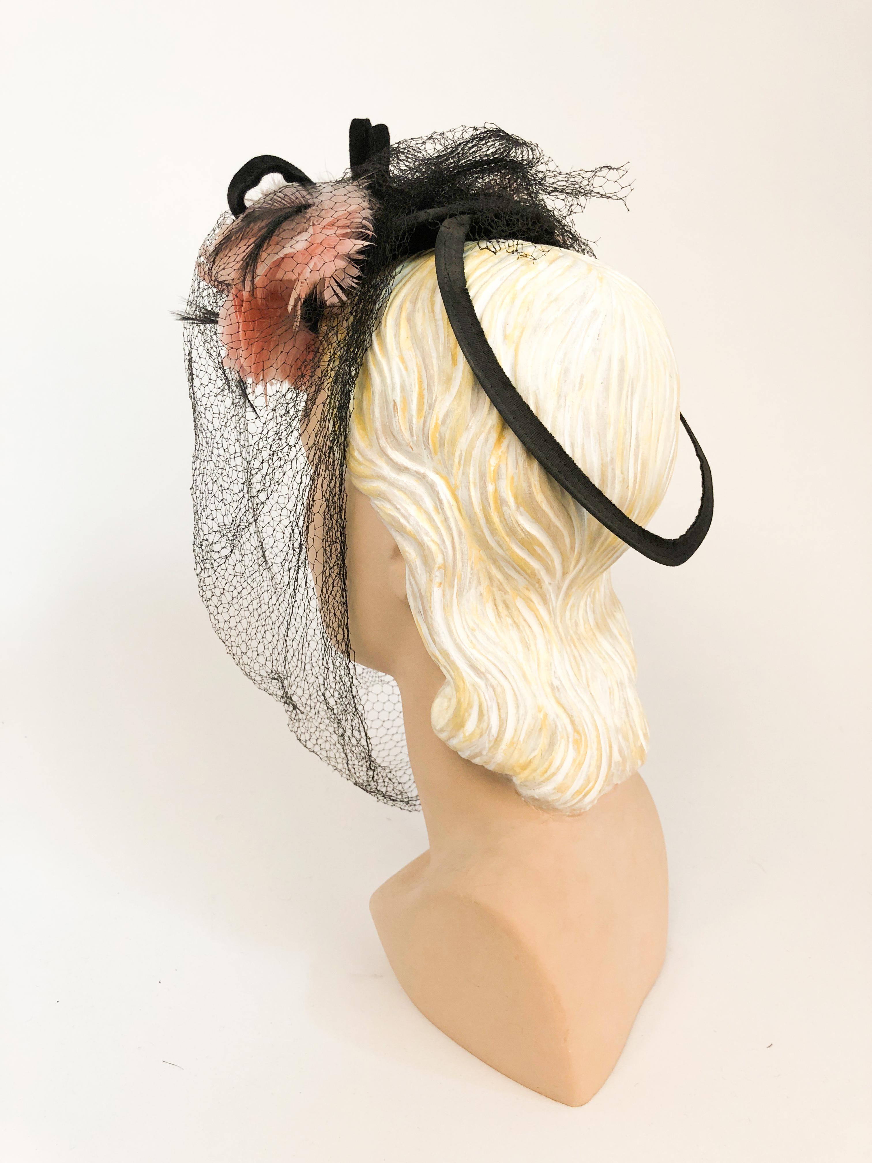 Gray 1940s Pink Feathered and Flowered Toy Hat