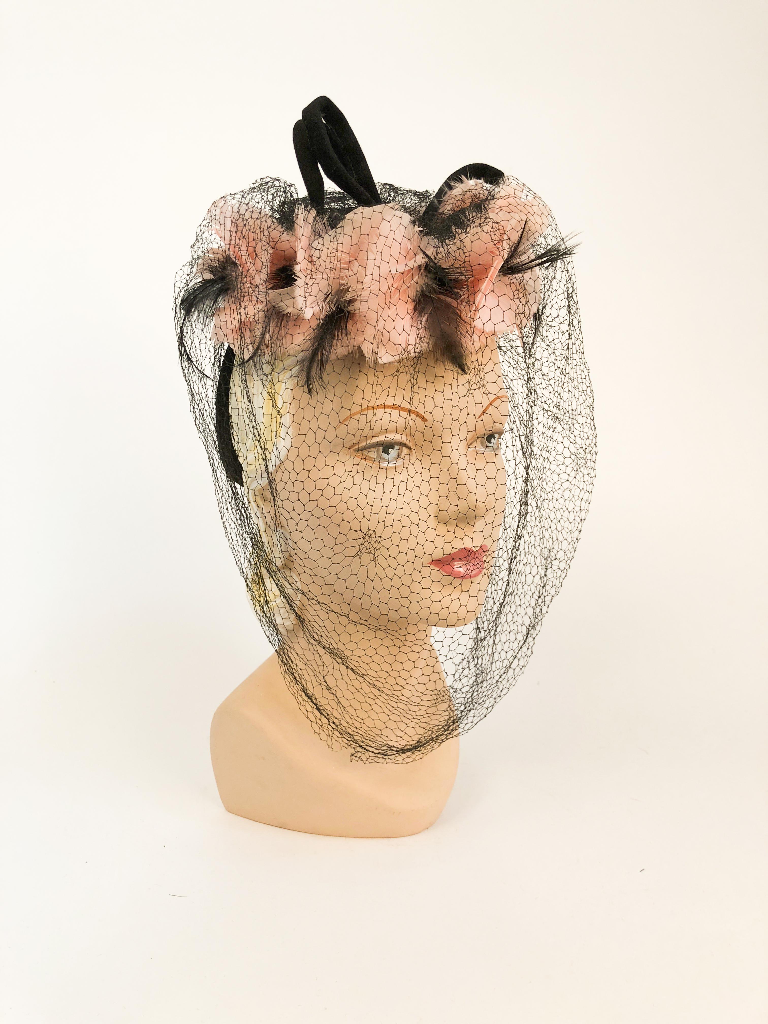 1940s Pink Feathered and Flowered Toy Hat 1