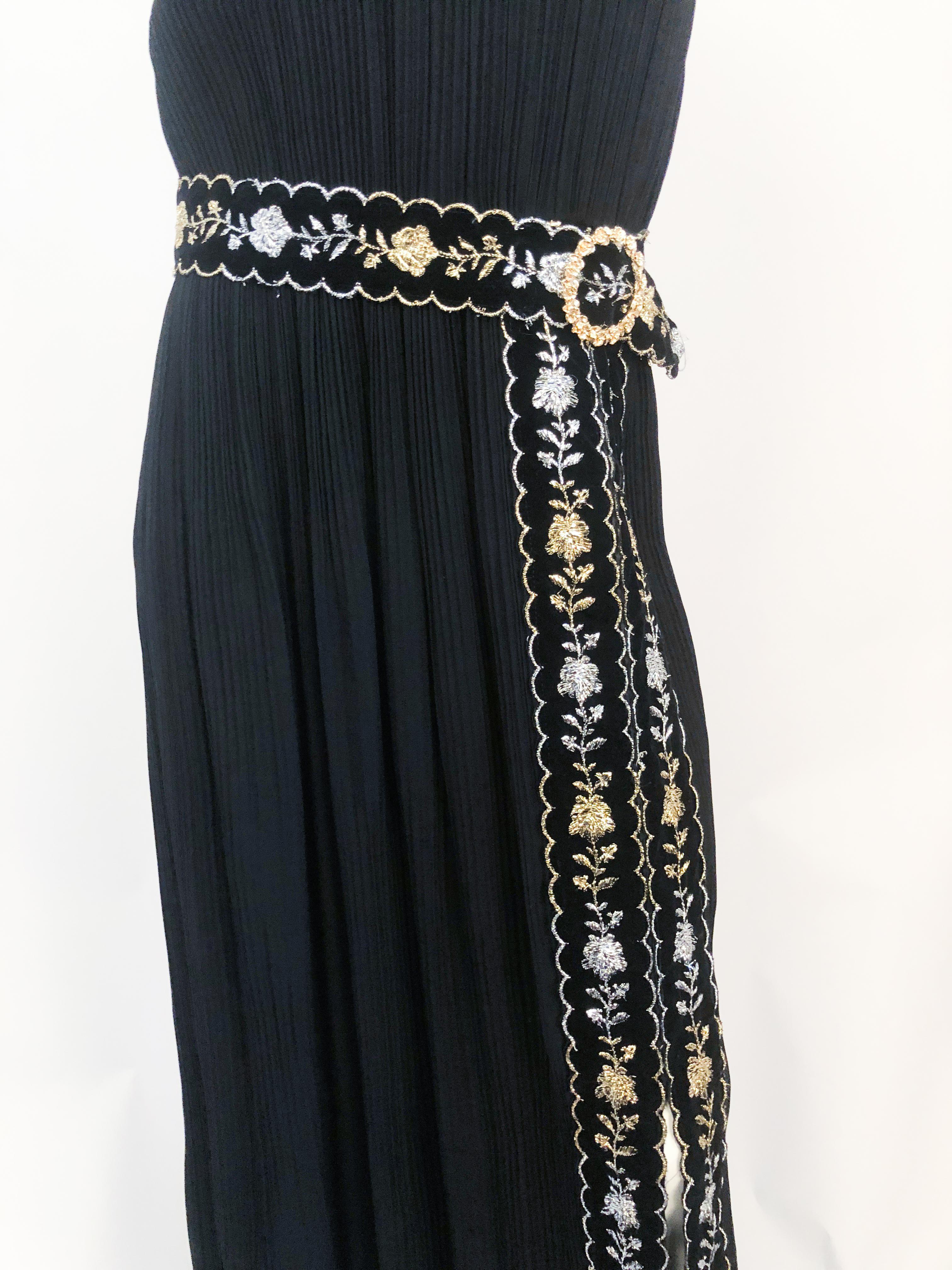 Women's or Men's 1960s Black Pleated Sleeveless Dress with Velvet and Metallic Details