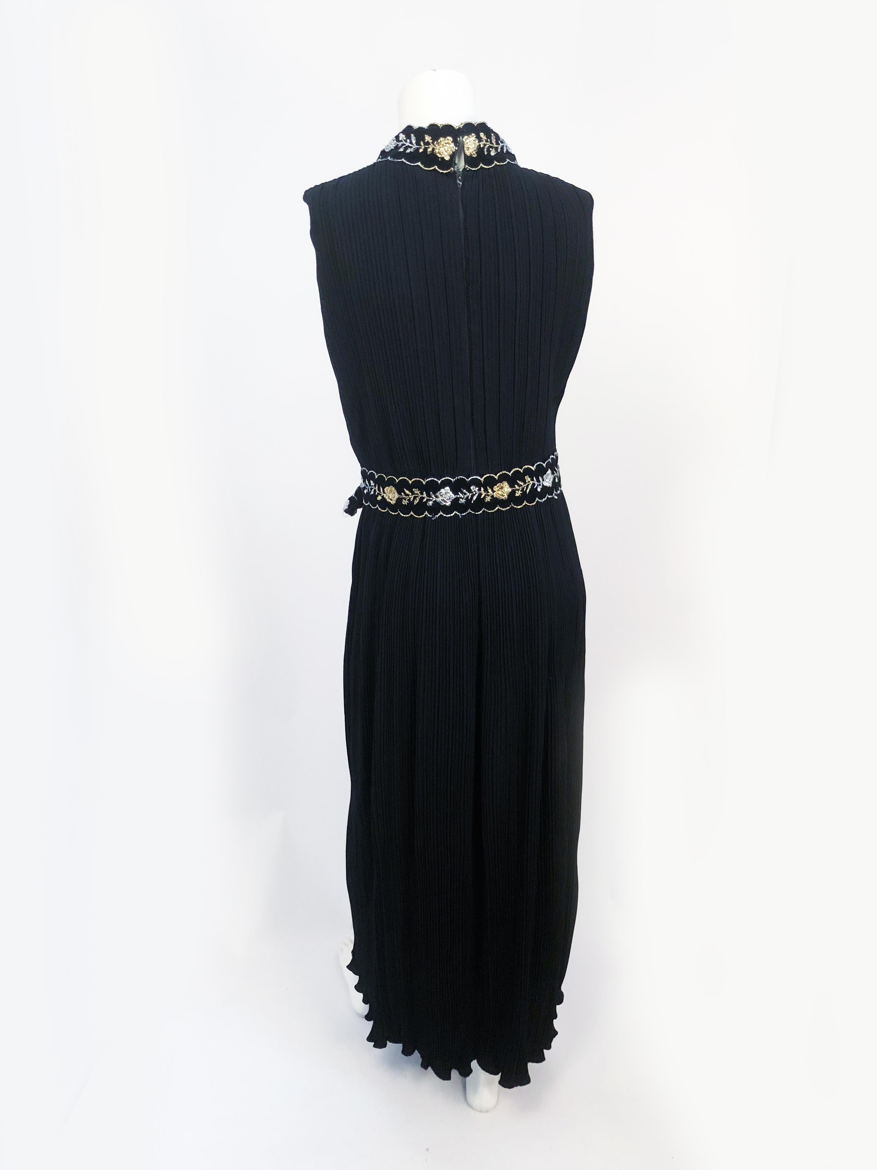 1960s Black Pleated Sleeveless Dress with Velvet and Metallic Details In Good Condition In San Francisco, CA