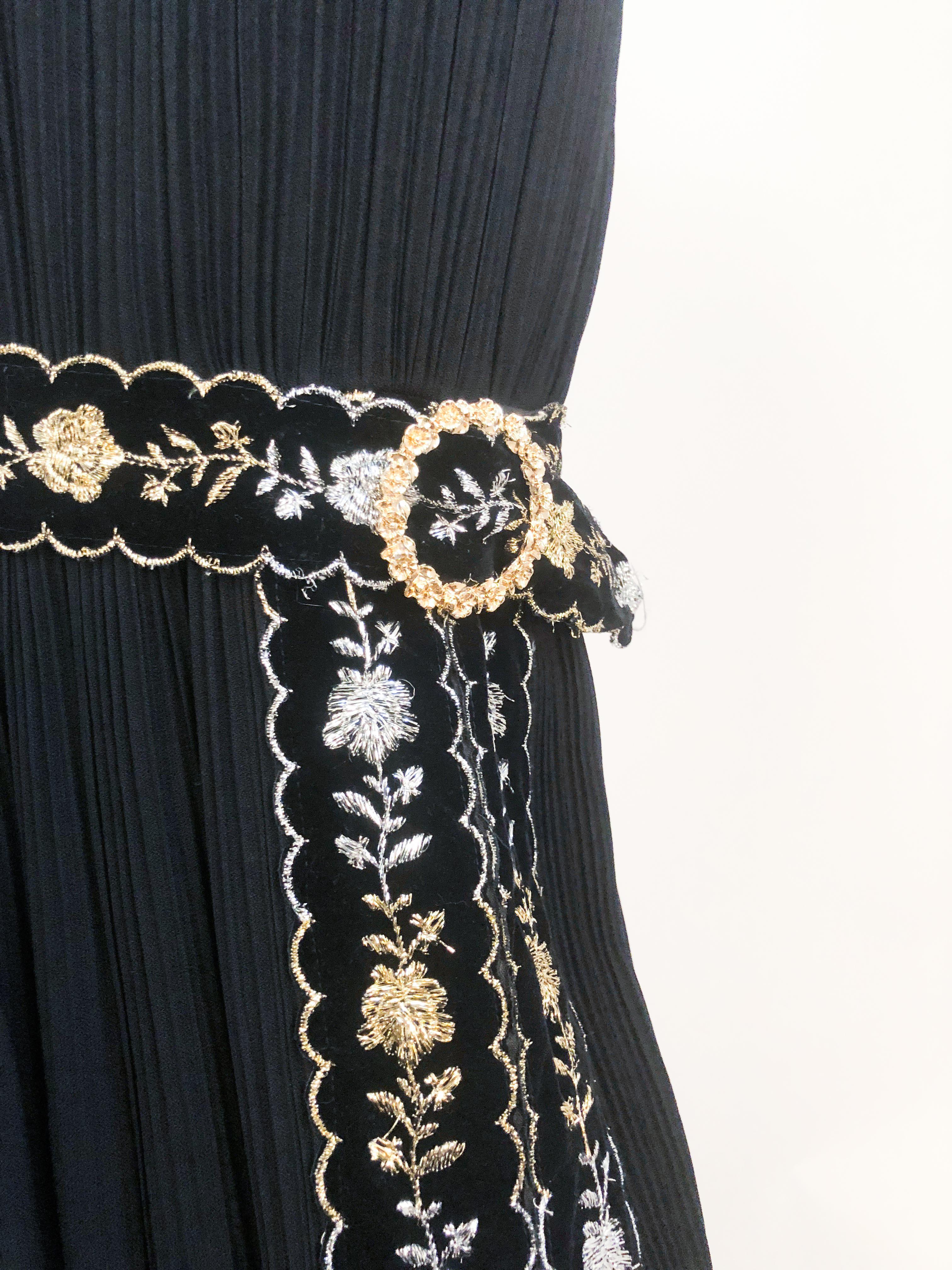 1960s Black Pleated Sleeveless Dress with Velvet and Metallic Details 1