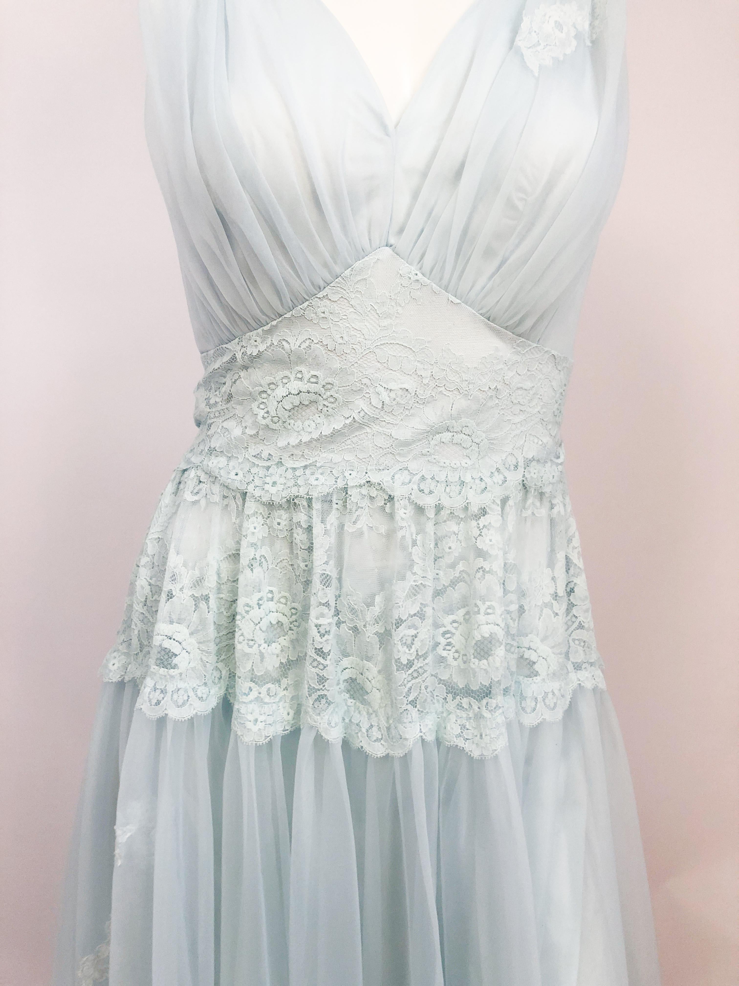 1960s Powder Blue Nightie. Ribbon tie belt and matching lace appliqué.