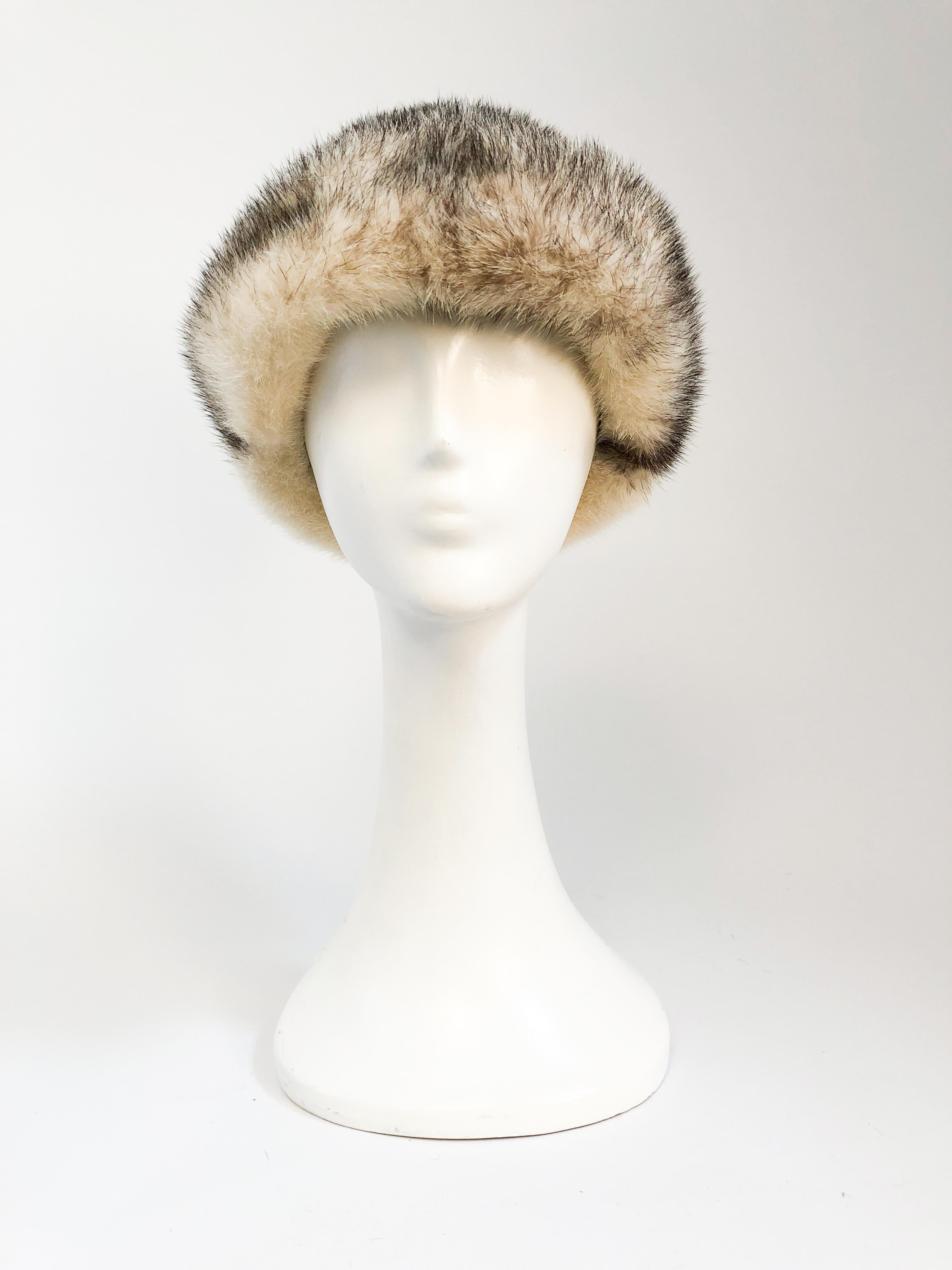 1960s Mink I. Magnin Hat. Cream and brown mink hat with rolled brim and woven inner band. Original I. Magnin department store tag attached