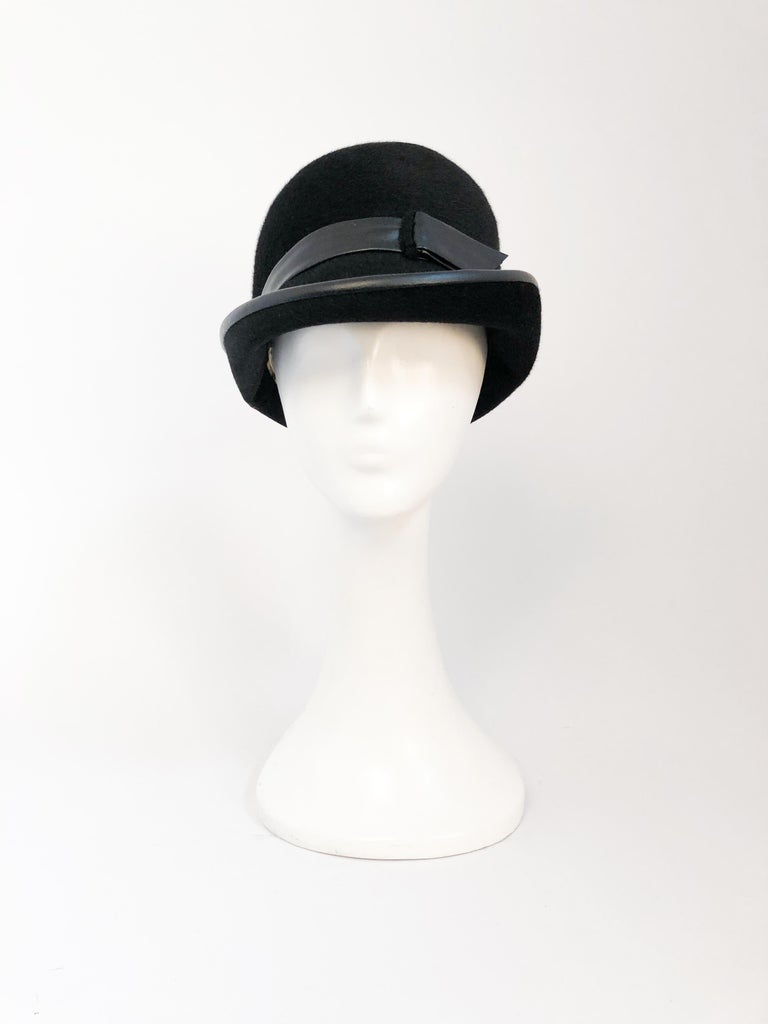 1960s Dachettes' Black Beaver Fur Felt and Pleather Hat. Black beaver fur felt hat with pleather trim and hat band. 