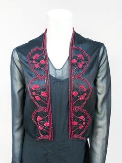 1920s Black Silk Chiffon Dress and Vest with Hand Beading Detail