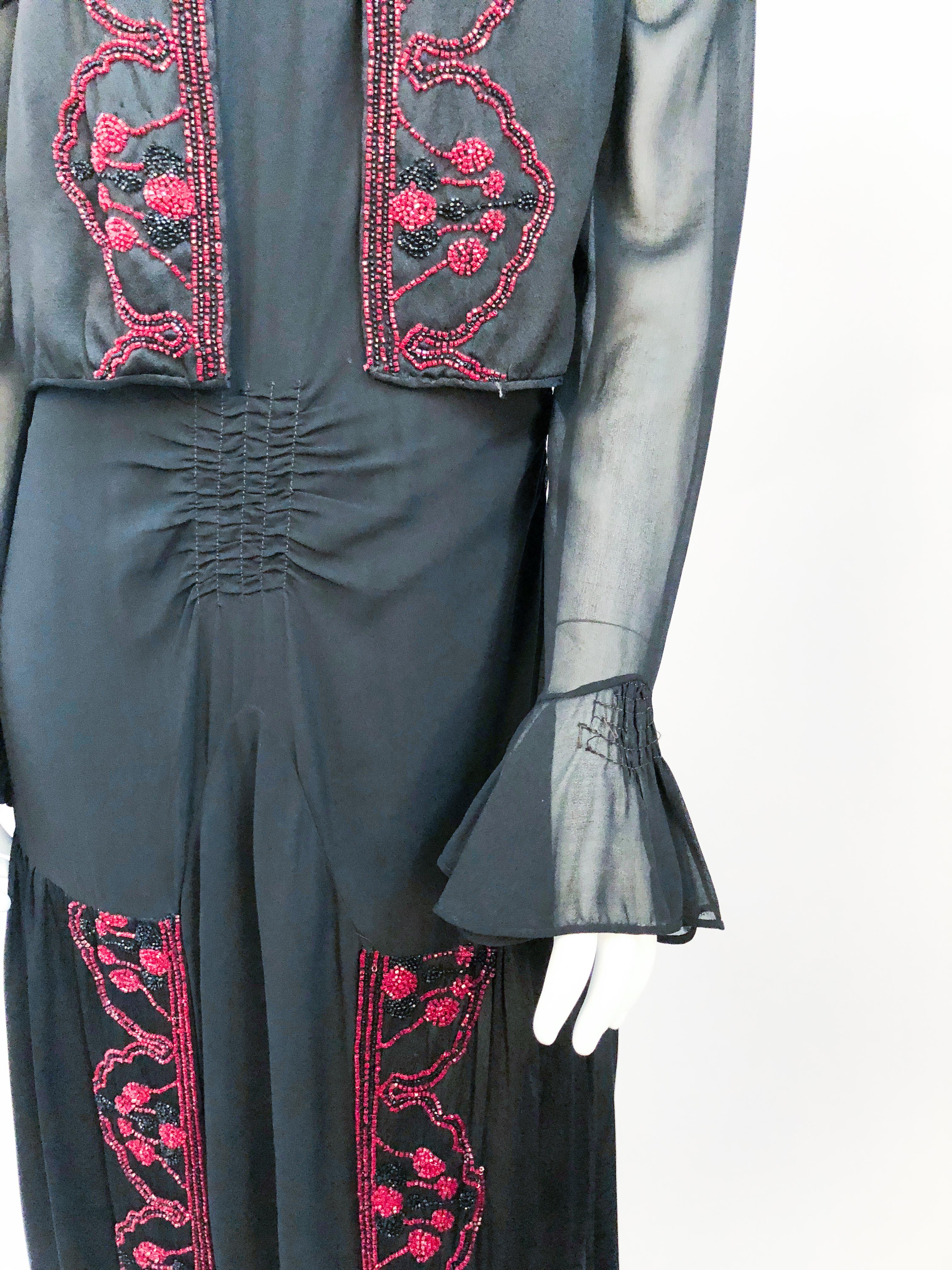 1920s Black Silk Chiffon Dress and Vest with Hand Beading Detail In Good Condition For Sale In San Francisco, CA