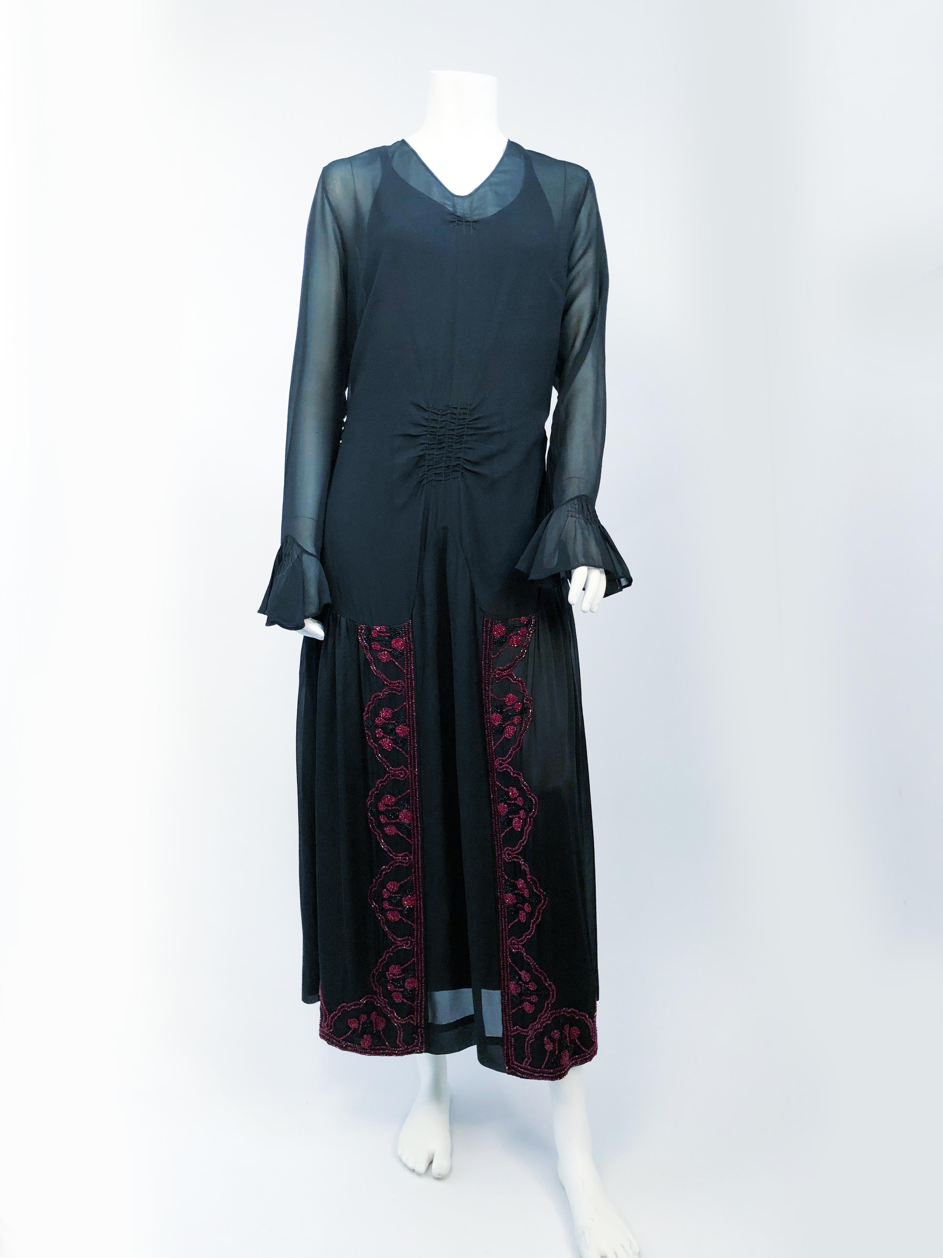 1920s Black Silk Chiffon Dress and Vest with Hand Beading Detail For Sale 1