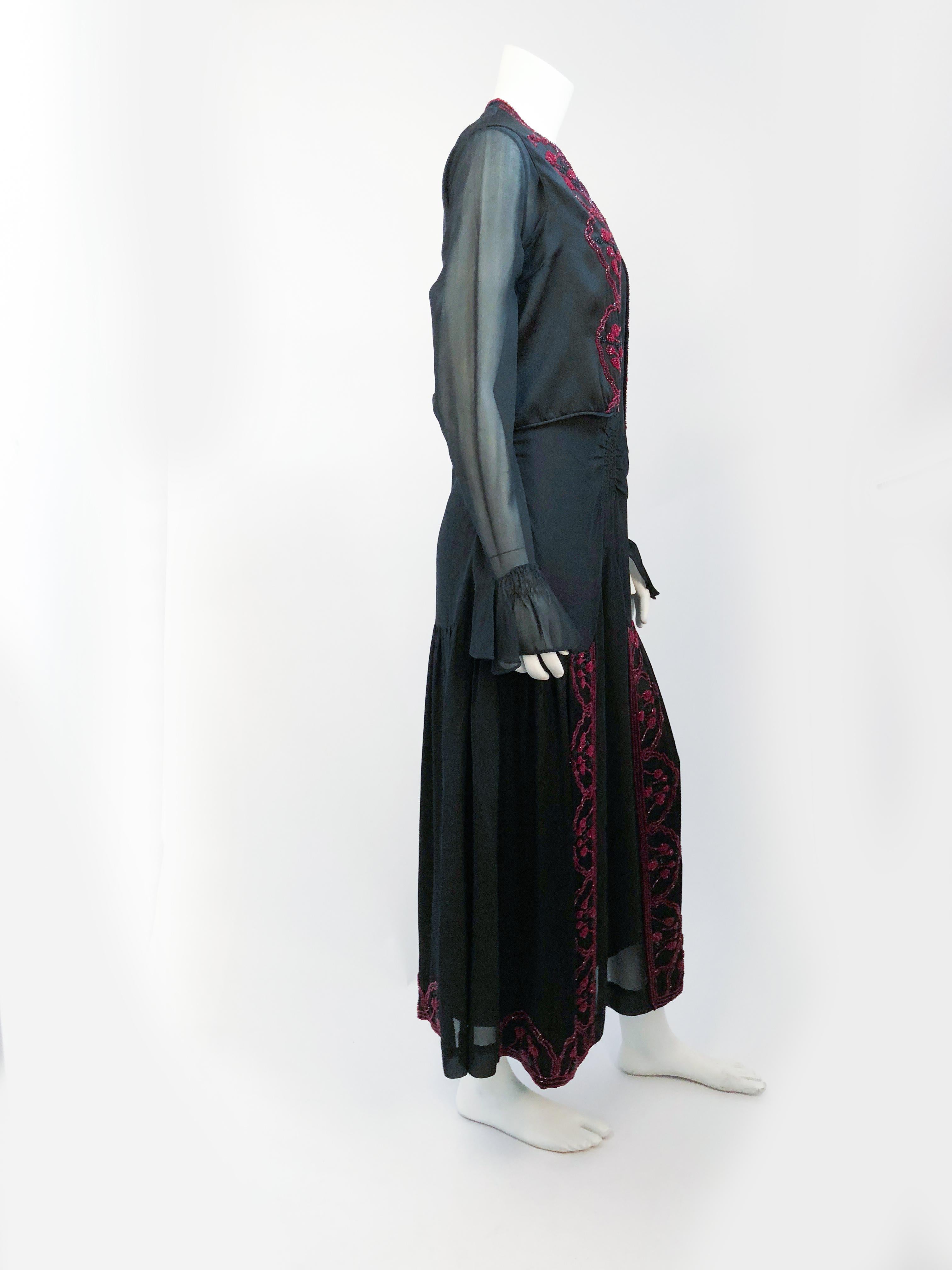 1920s Black Silk Chiffon Dress and Vest with Hand Beading Detail For Sale 2