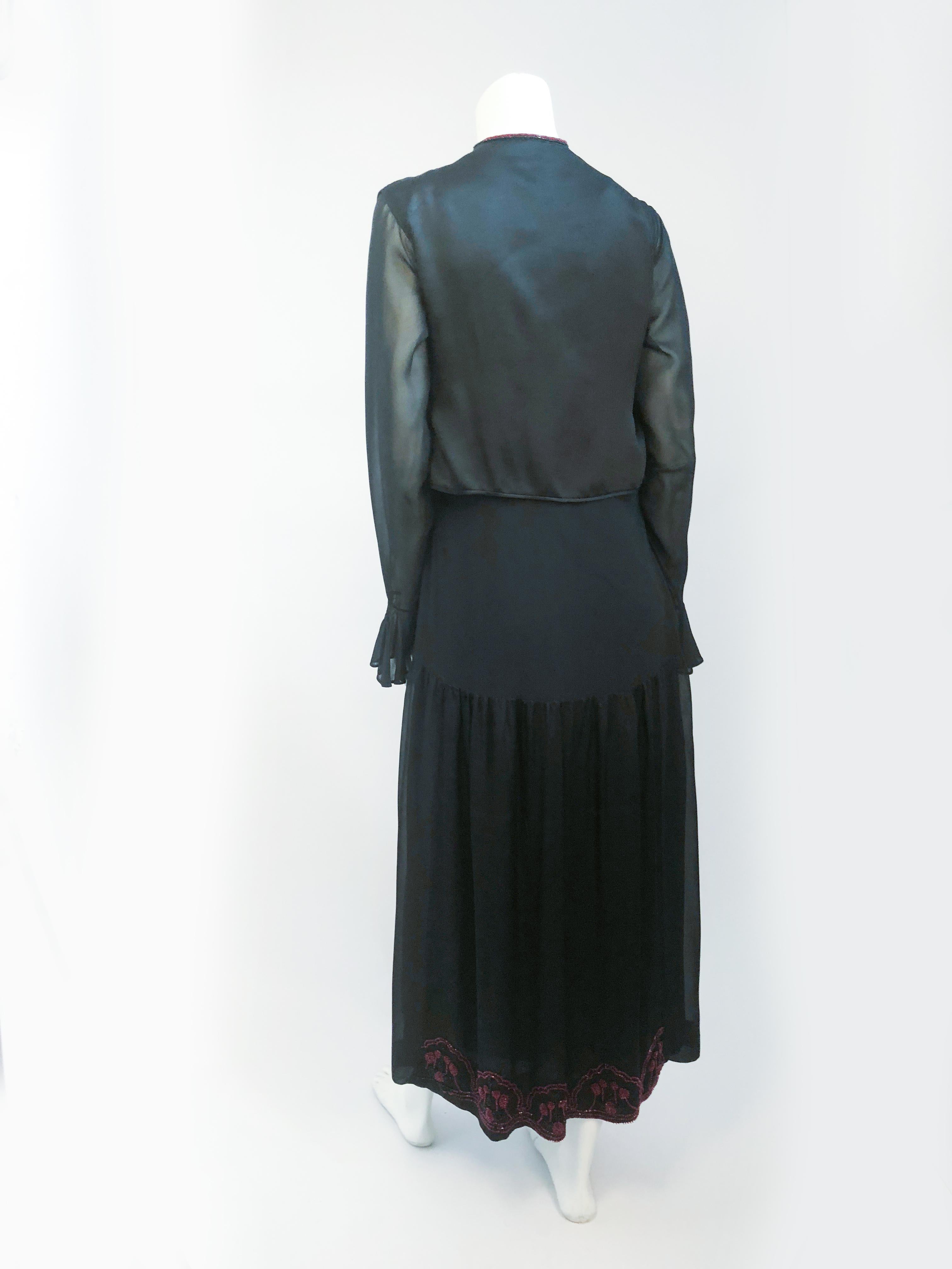 1920s Black Silk Chiffon Dress and Vest with Hand Beading Detail For Sale 3