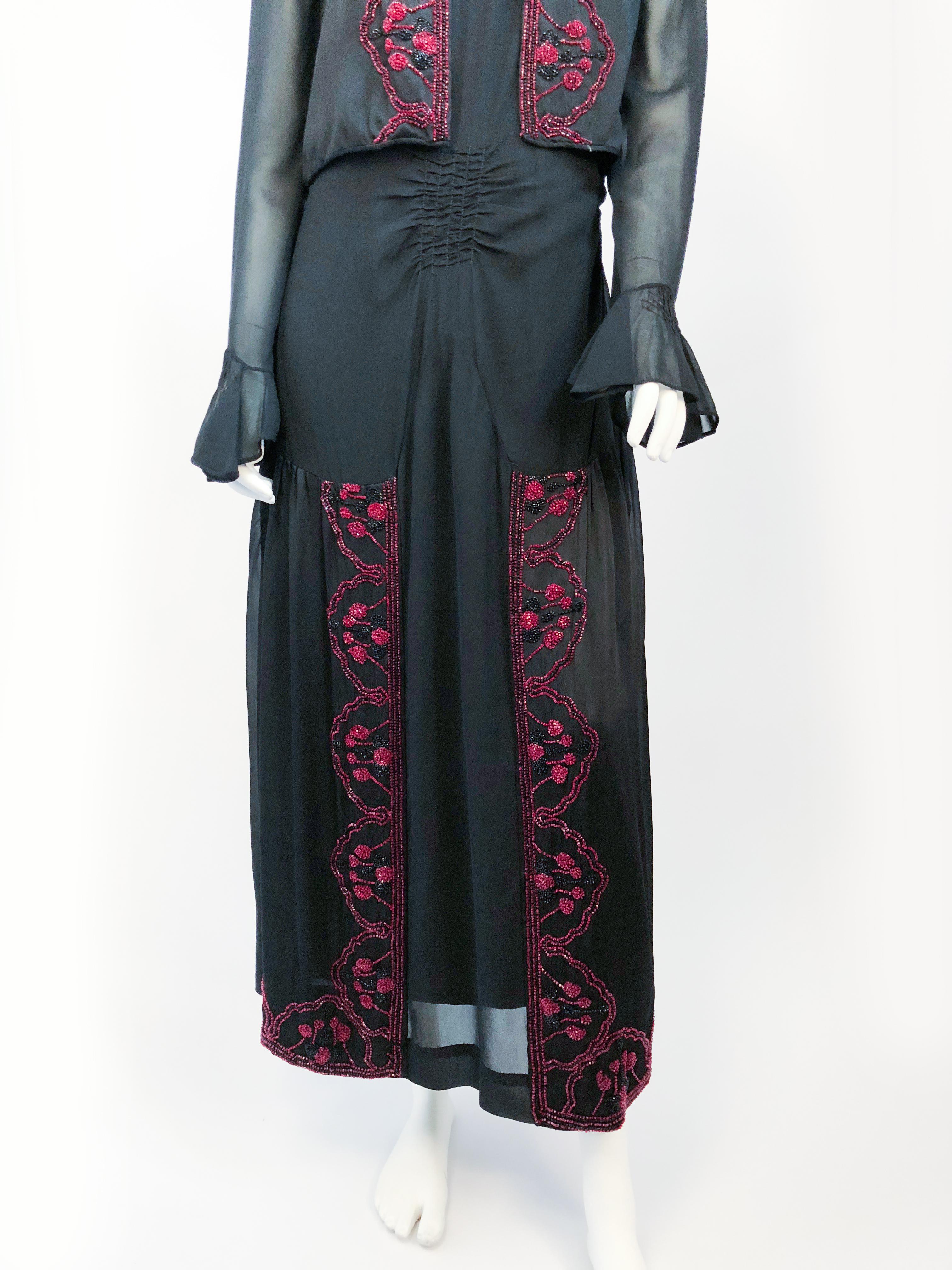 Women's 1920s Black Silk Chiffon Dress and Vest with Hand Beading Detail For Sale