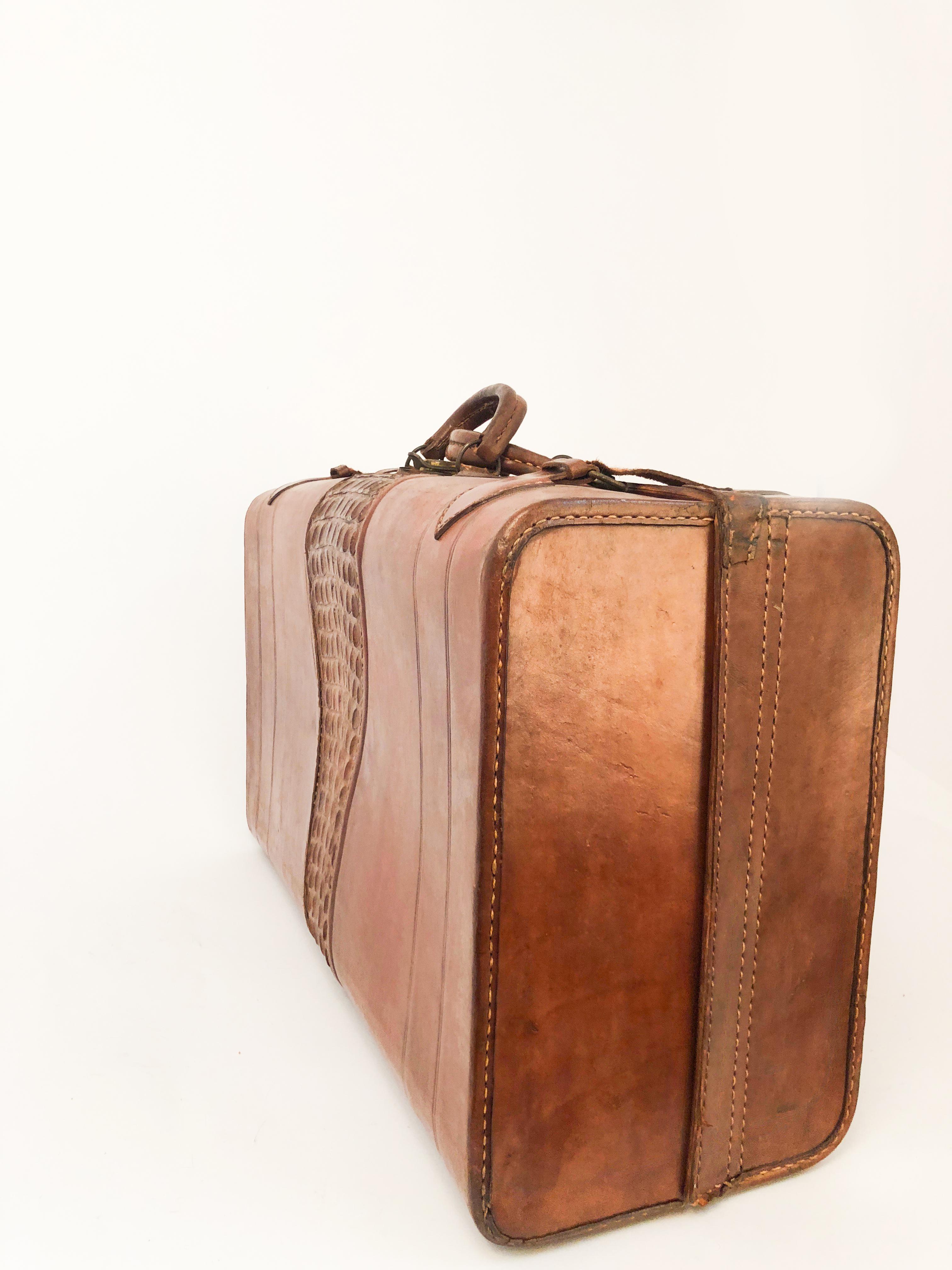 Brown 1930's Cayman and Leather Suitcase For Sale