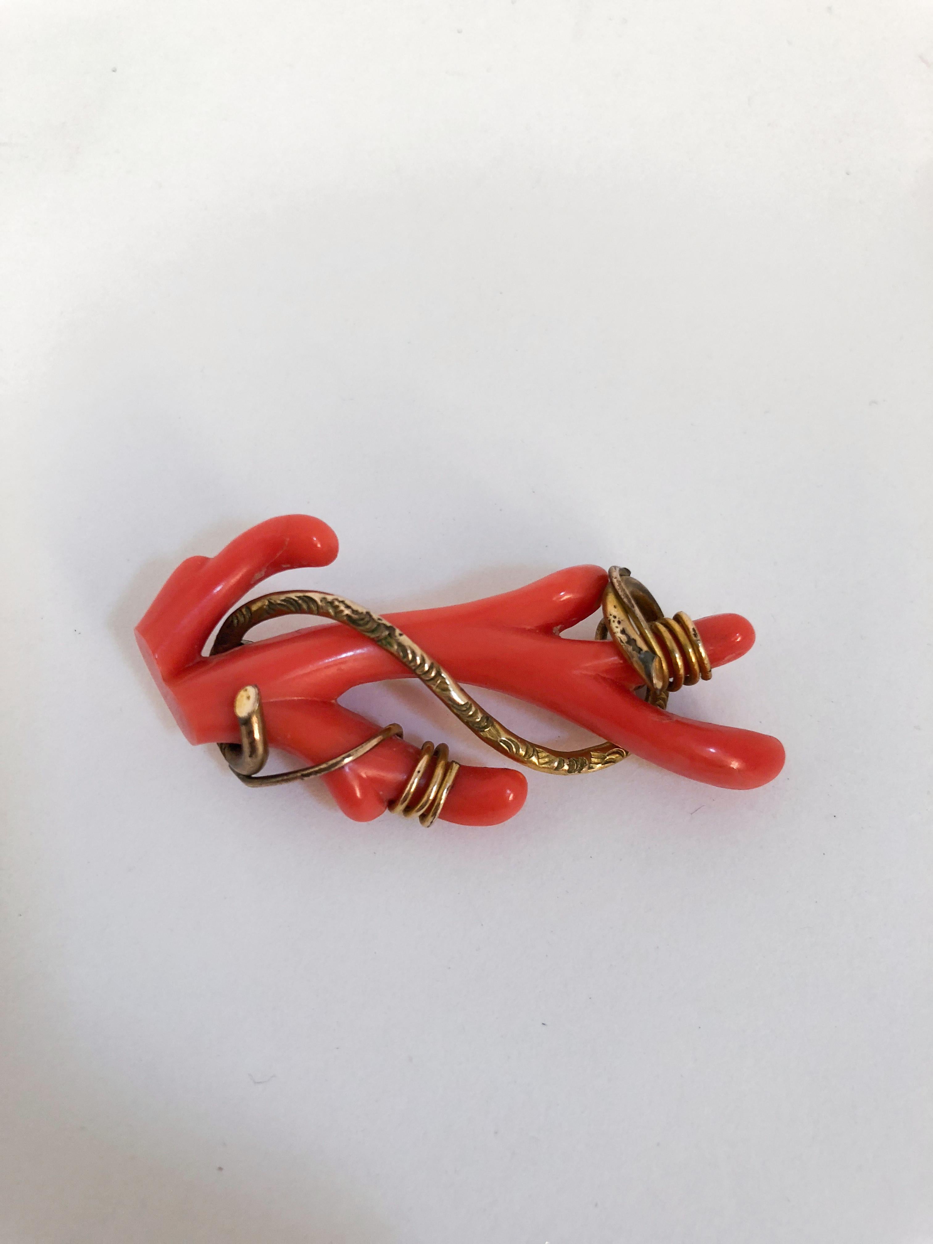 Victorian Stick Coral and Gold Brooch. stick coral and gold filled brooch wrap around, detailed with etching. 2 inch length