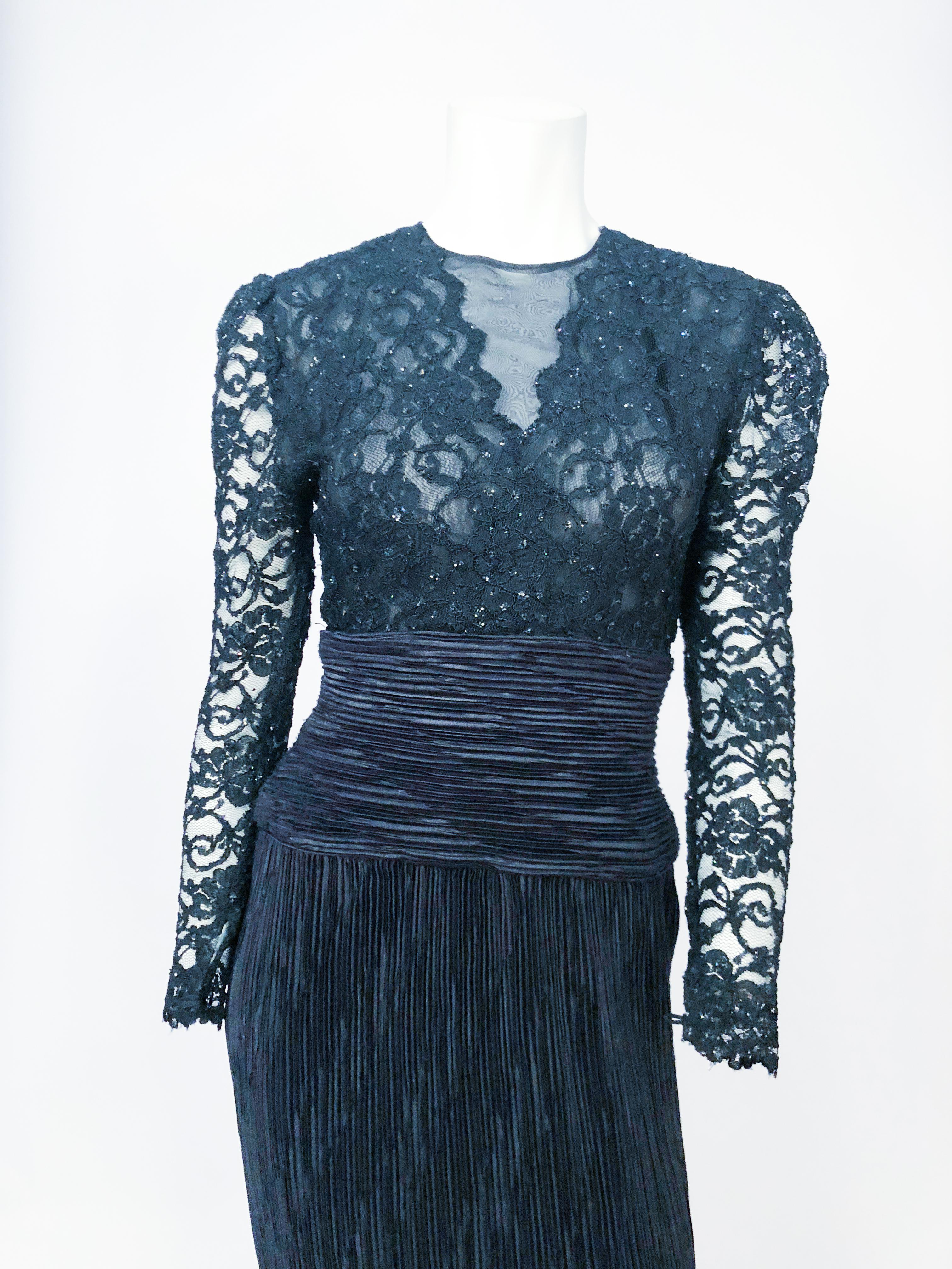 1980s Black Lace and Origami Pleated Dress. Also has glitter sequin in the lace. 