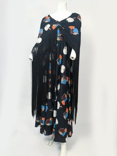 1970s Black Printed Dress with Matching Fringe Shawl