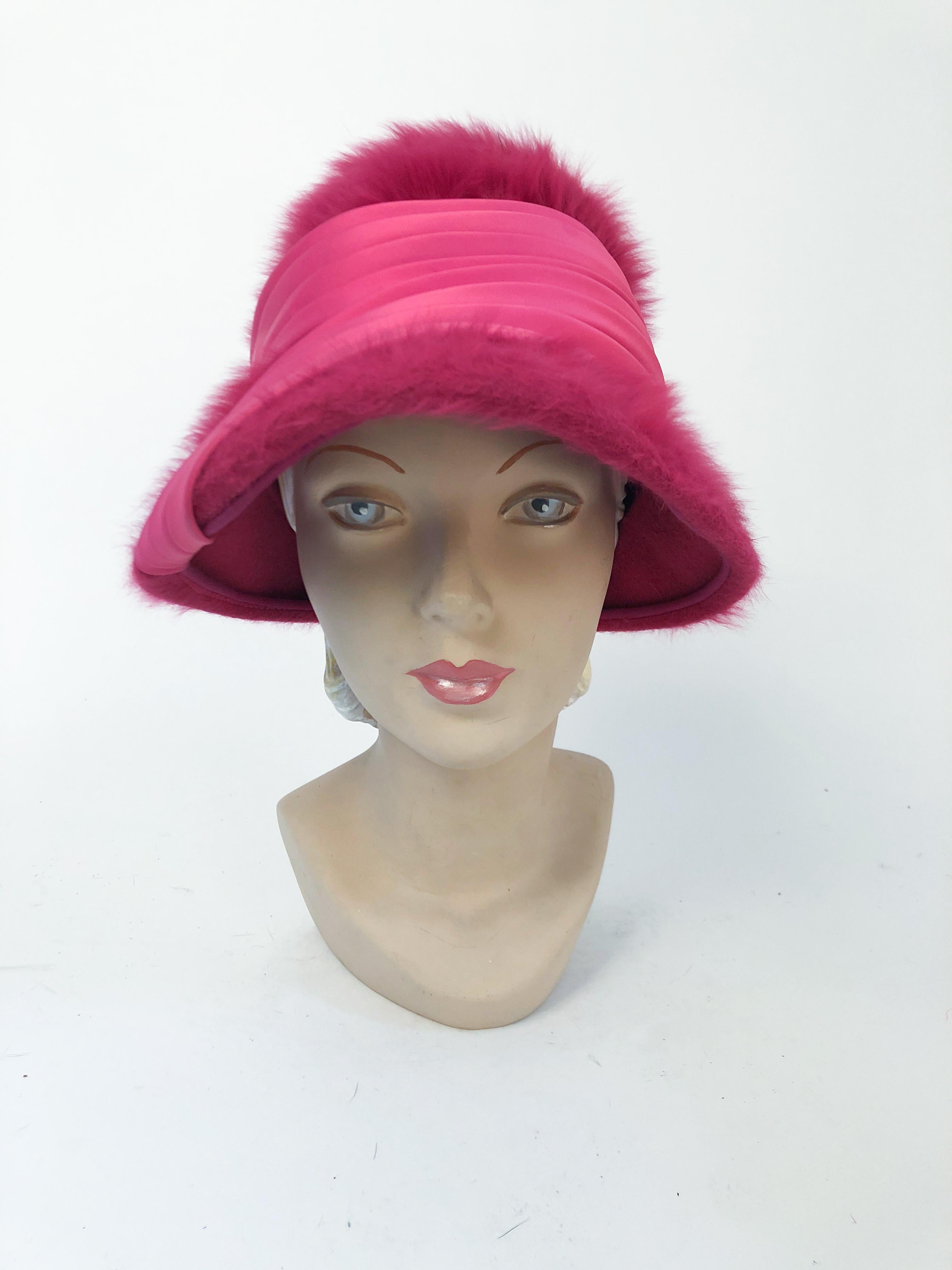 1960s Hot Pink/ fuchsia Angora cloche with pleated satin hat band that is set asymmetrically on the brim of the hat. 