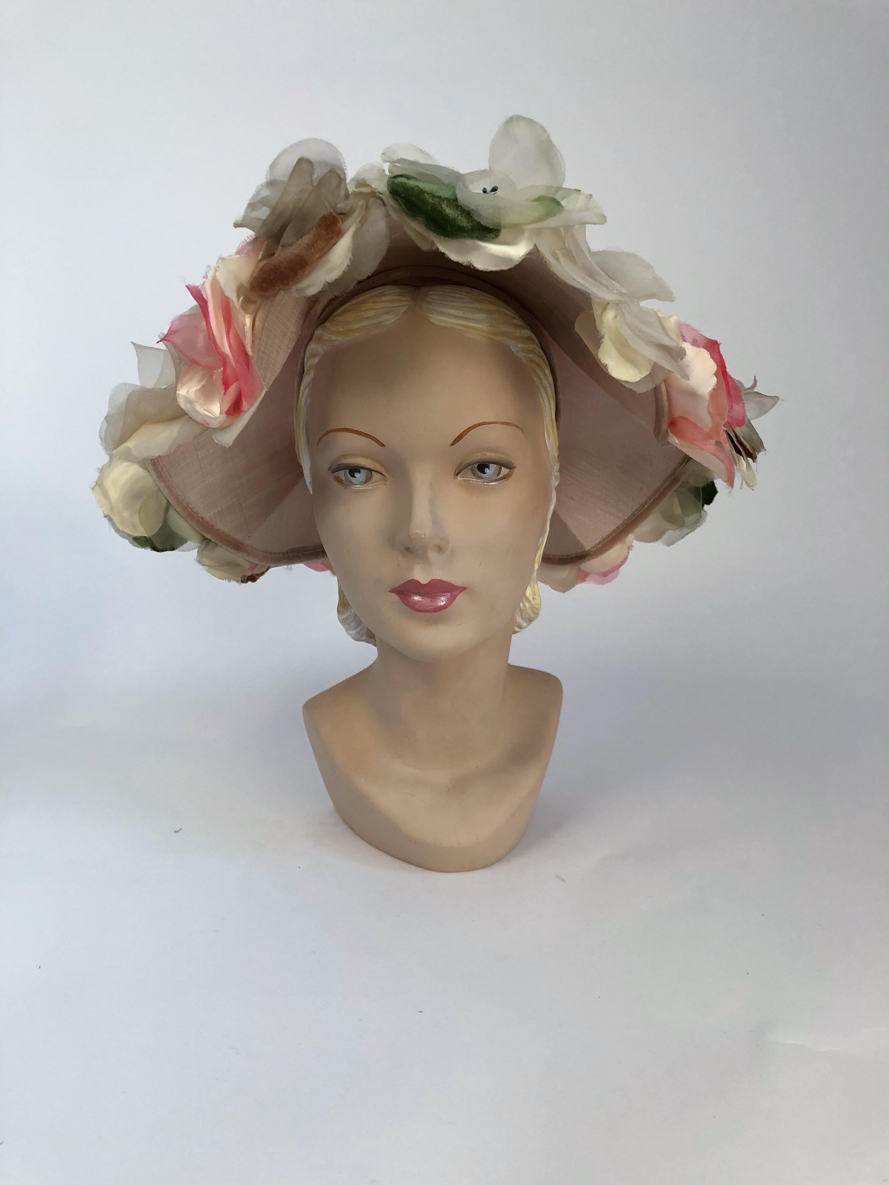 1950s Beige Picture Hat with Silk Multicolored Flowers. Silk beige hat with silk and velvet hand-cut flowers over the structured brim. 