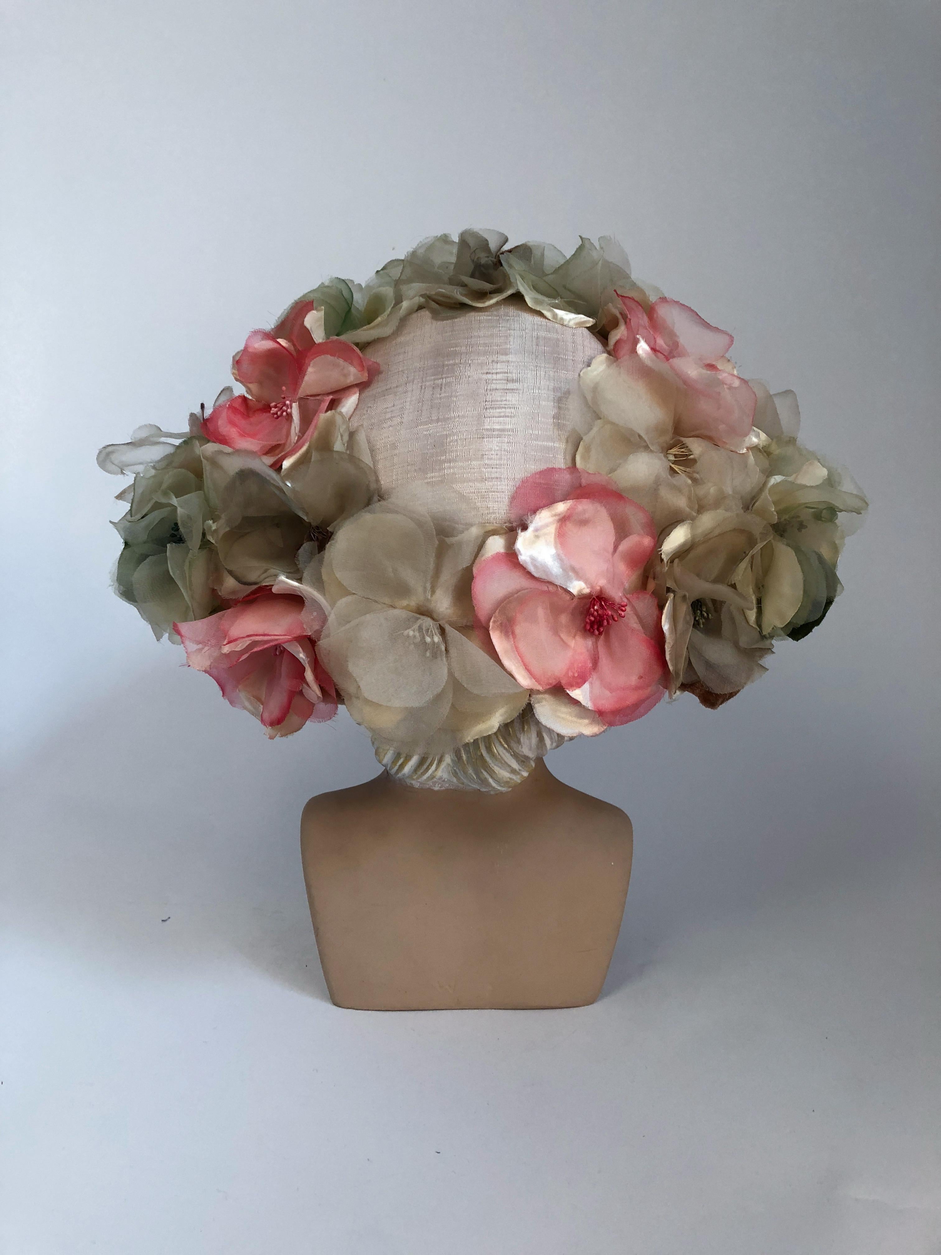 Women's 1950s Beige Picture Hat with Silk Multicolored Flowers