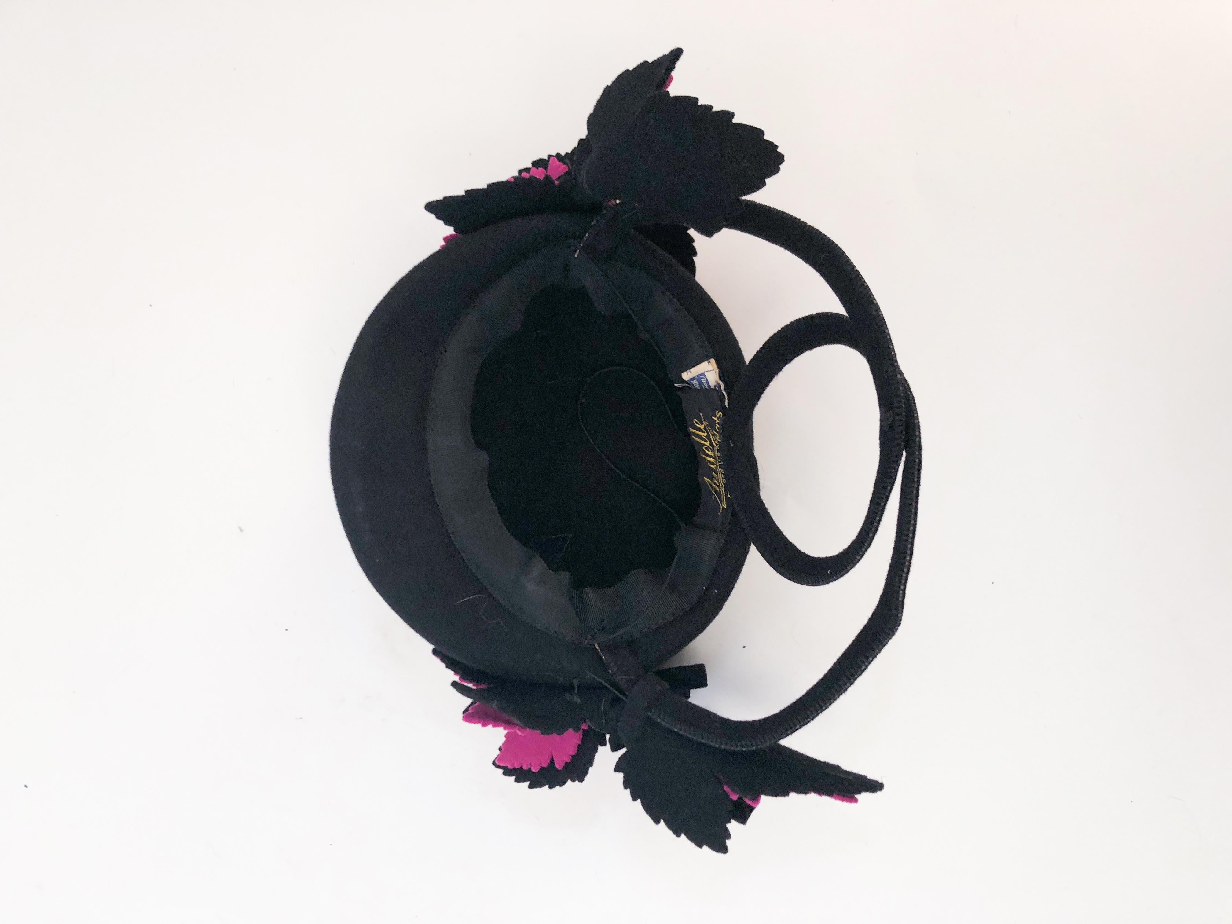 1940s Black and Magenta Wool Felt hat with Hand-cut leaves  2