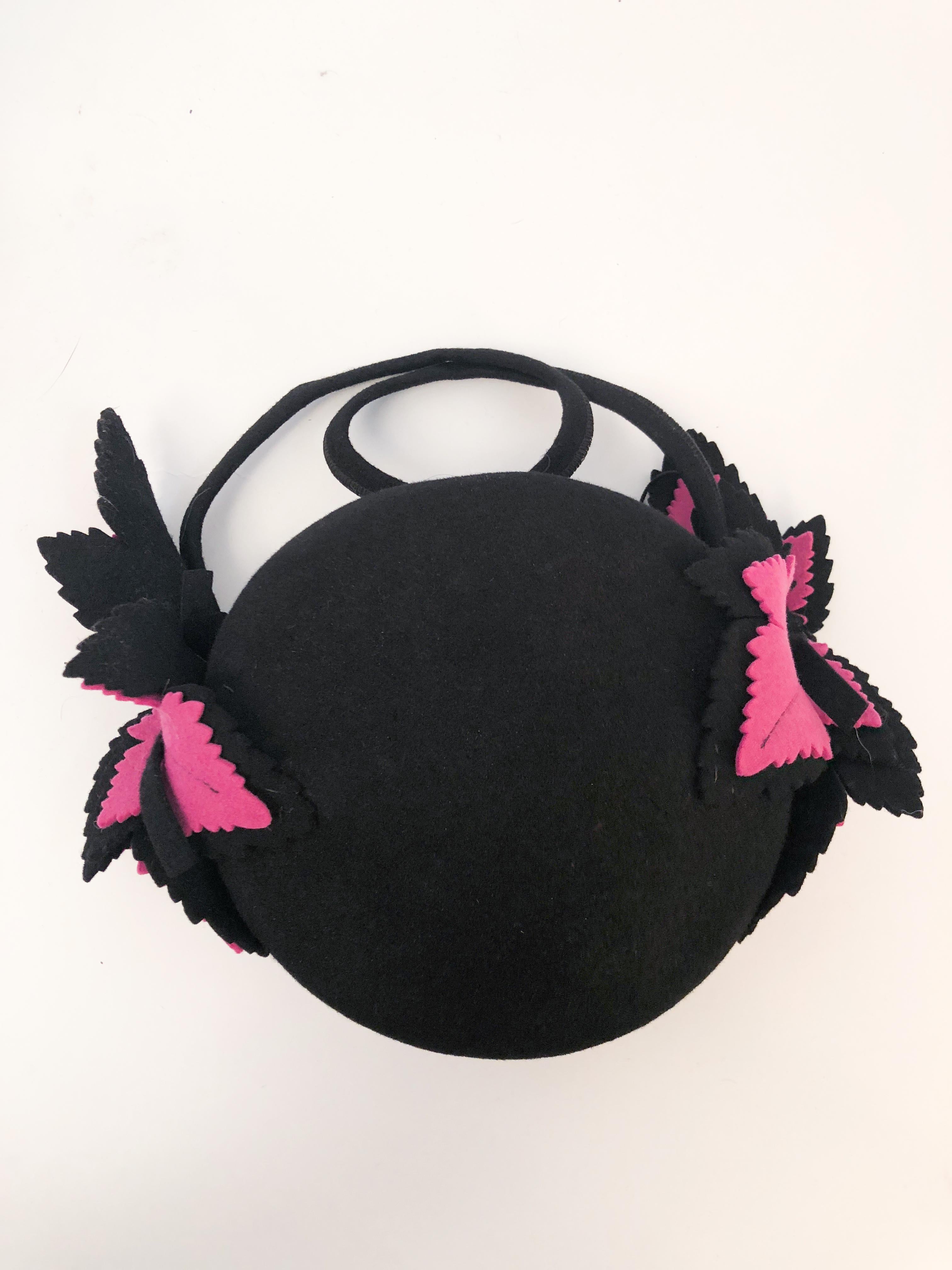 1940s Black and Magenta Wool Felt hat with Hand-cut leaves  1