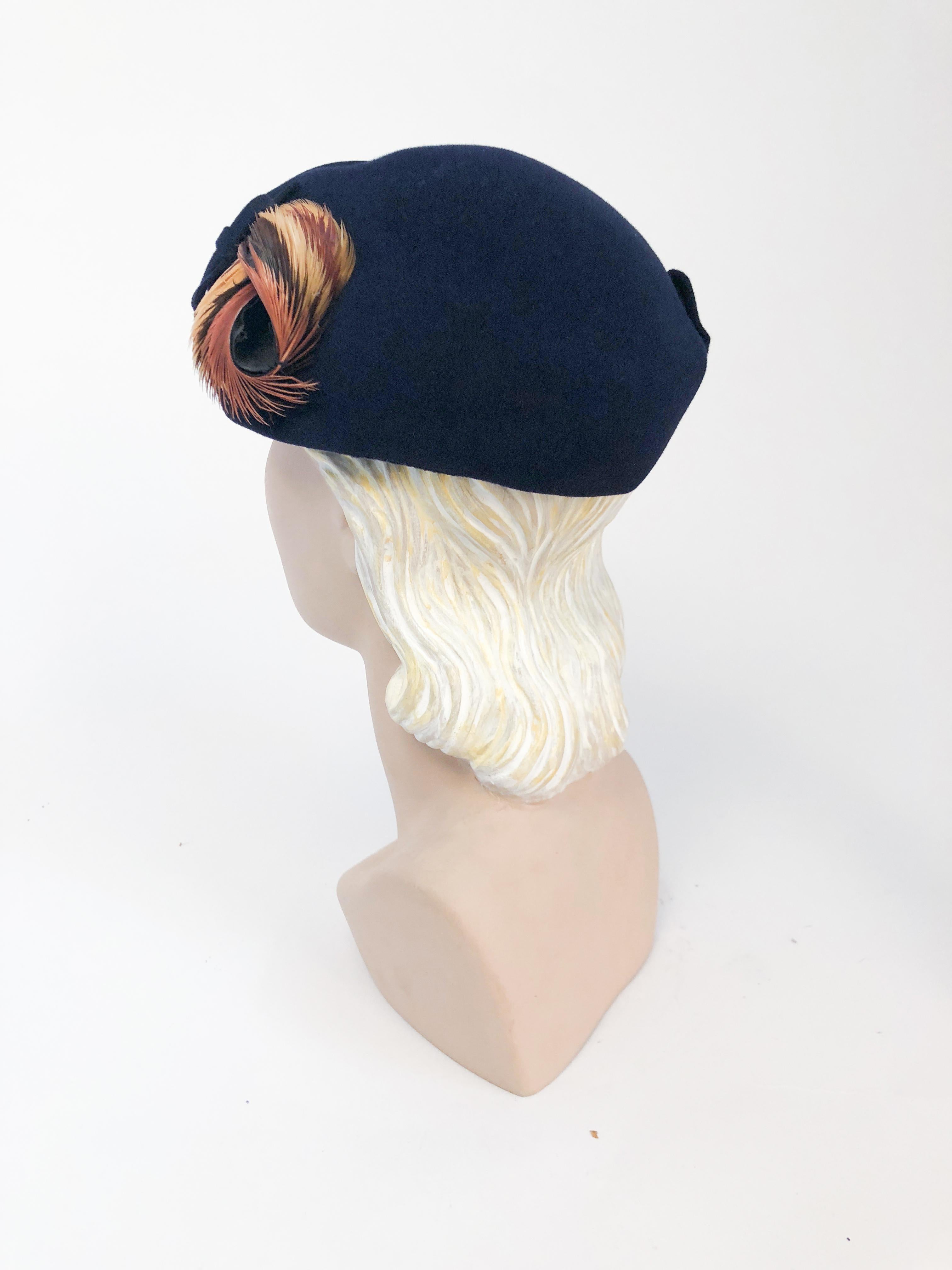 Women's 1950s Navy Felt hat with Decorative Feathers